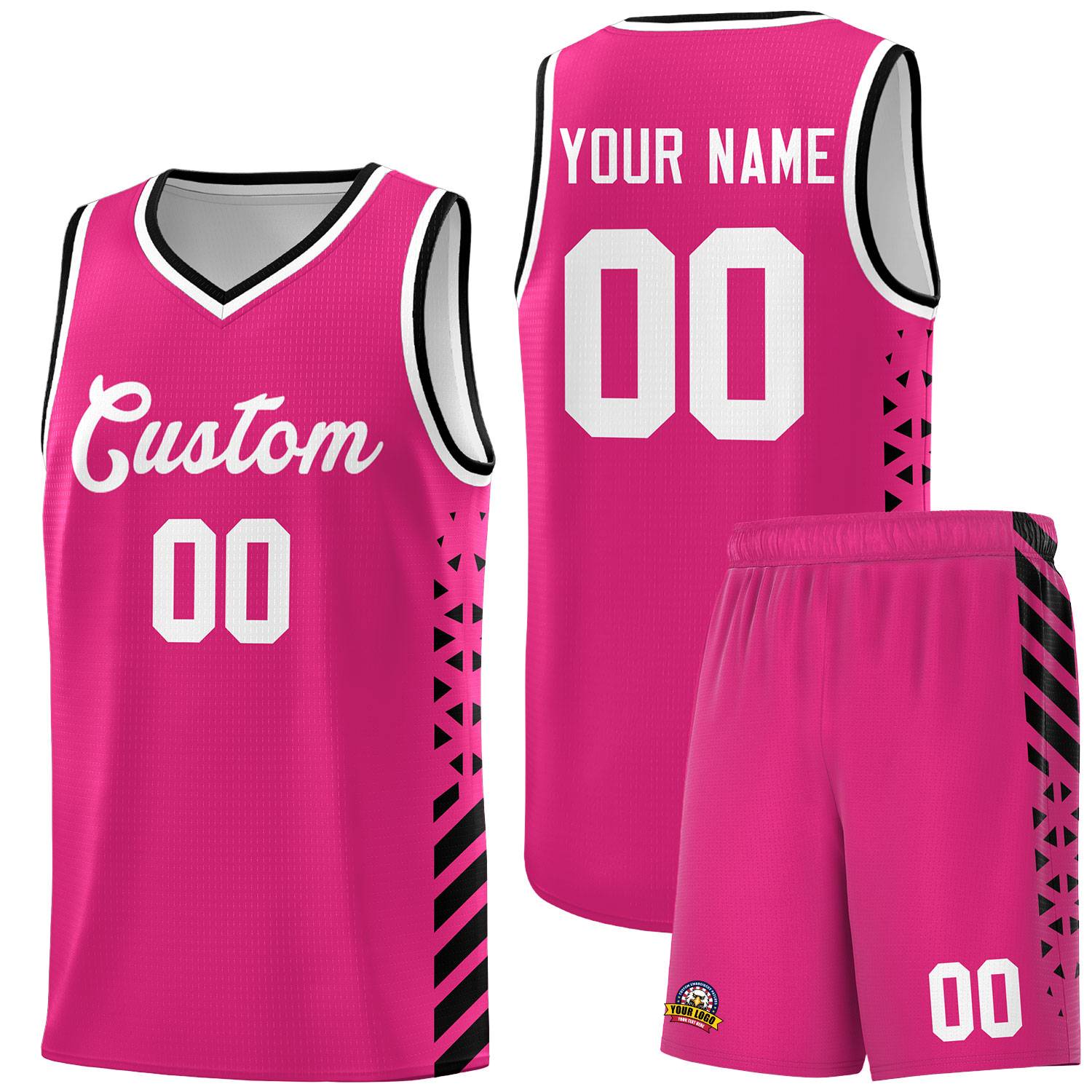 Custom Rose Red Basketball Kits With Side Black Diamond Stripe Pattern