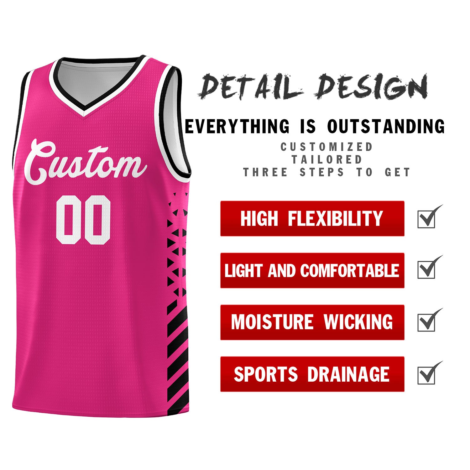 Custom Rose Red Basketball Kits With Side Black Diamond Stripe Pattern