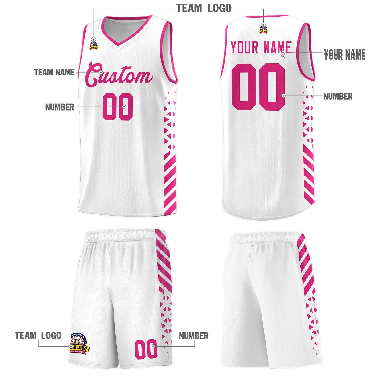 Custom White Basketball Kits With Side Rose Red Diamond Stripe Pattern