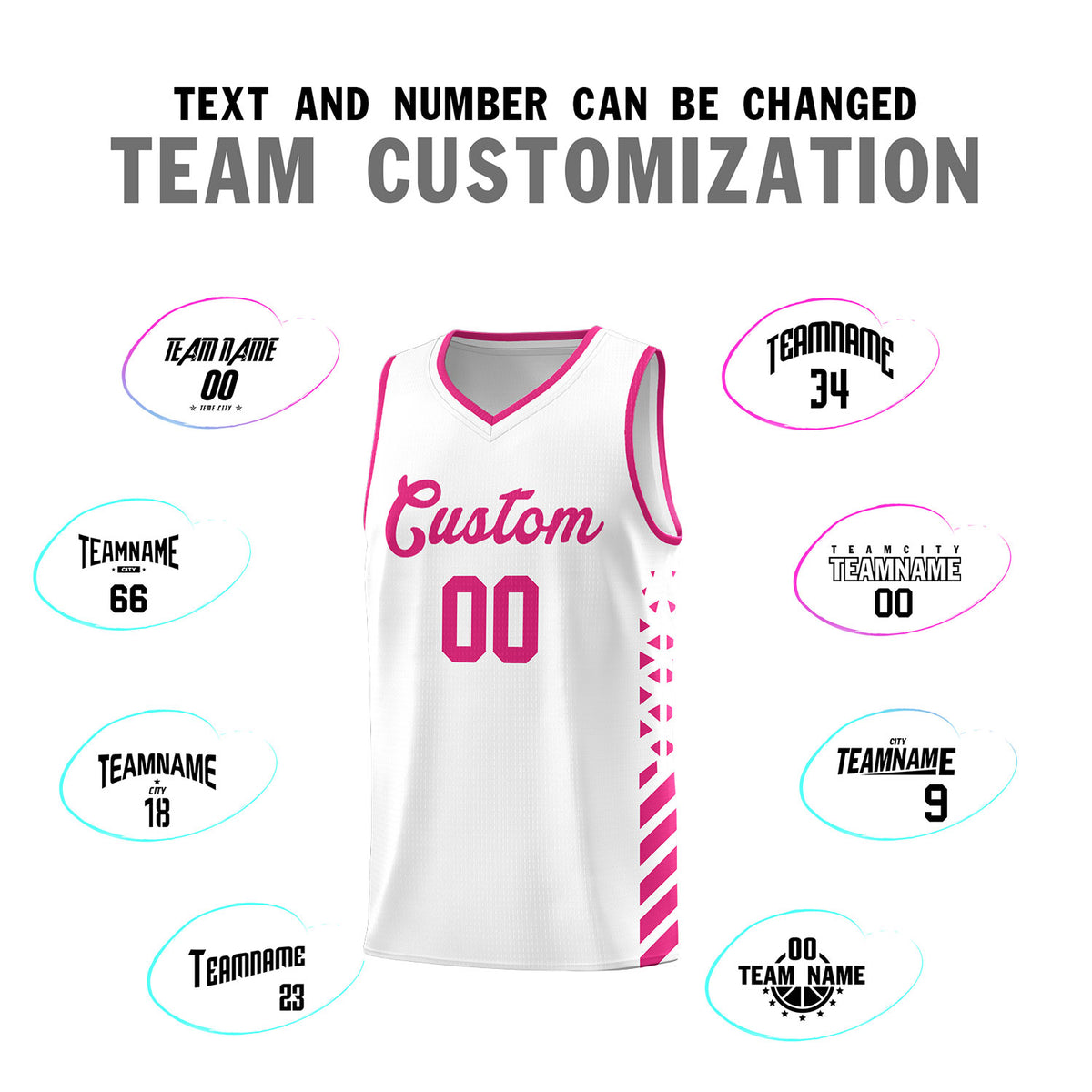 Custom White Basketball Kits With Side Rose Red Diamond Stripe Pattern