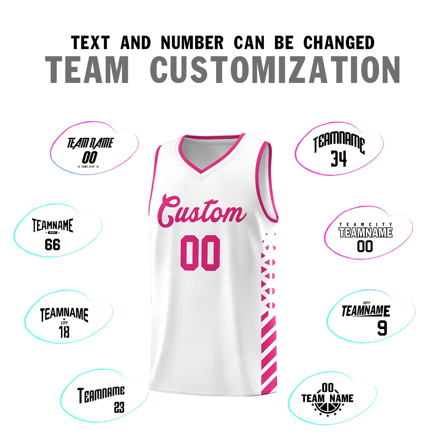 Custom White Basketball Kits With Side Rose Red Diamond Stripe Pattern