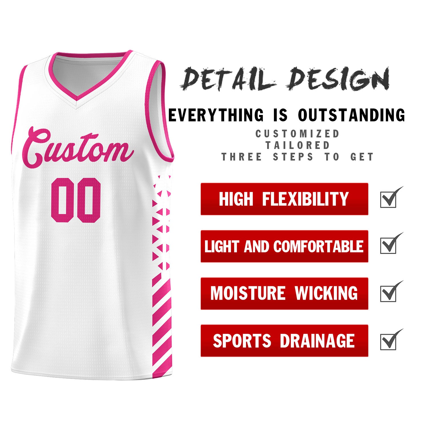 Custom White Basketball Kits With Side Rose Red Diamond Stripe Pattern