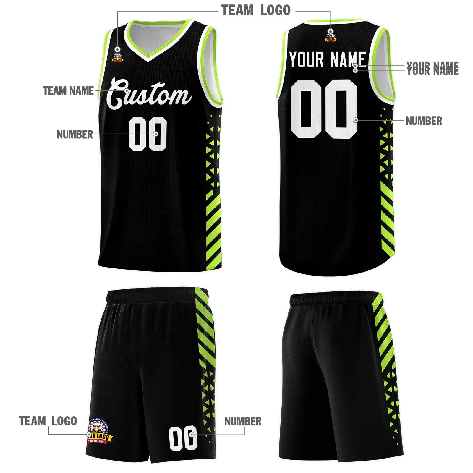 Custom Black Basketball Kits With Side Neon Green Diamond Stripe Pattern