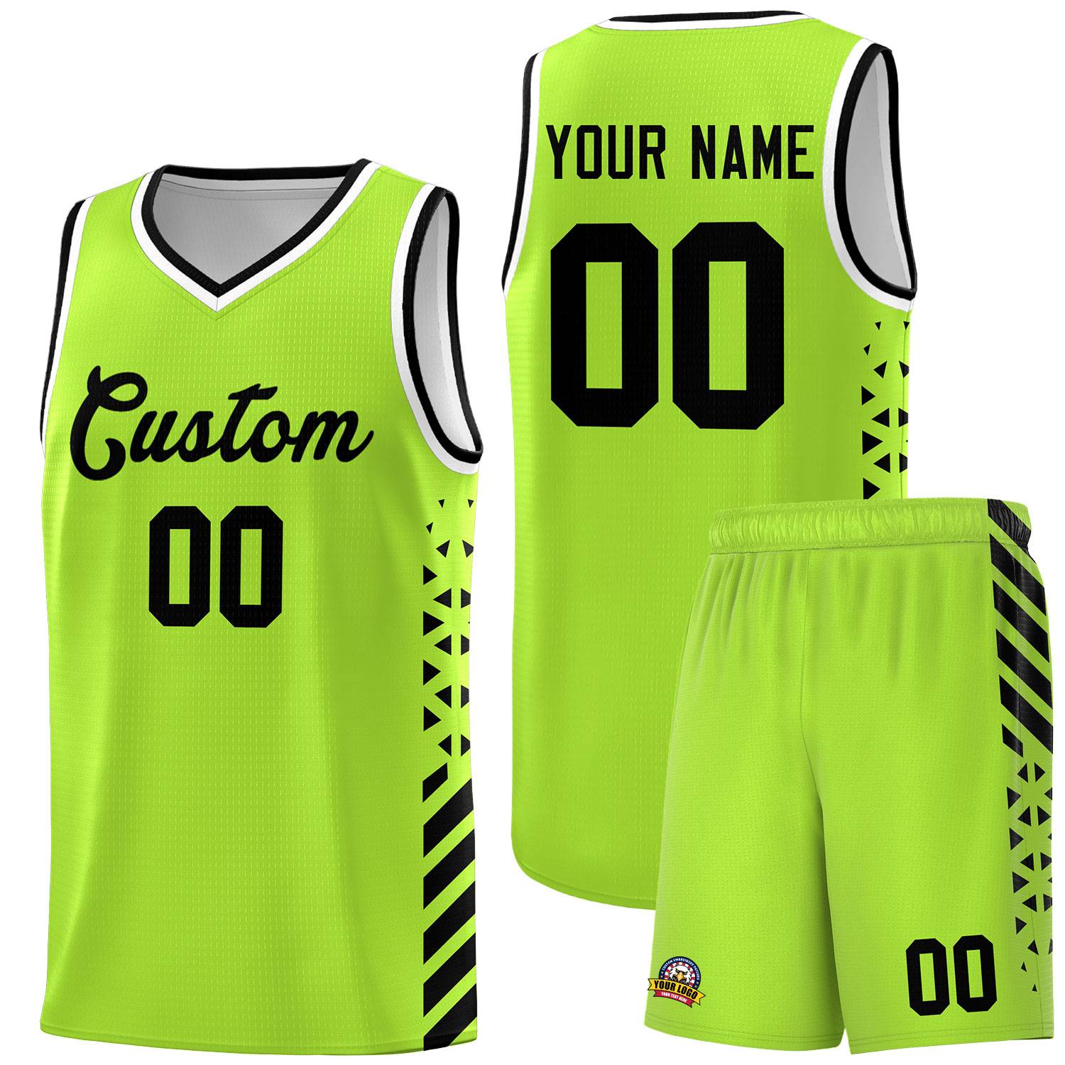 Custom Neon Green Basketball Kits With Side Black Diamond Stripe Pattern