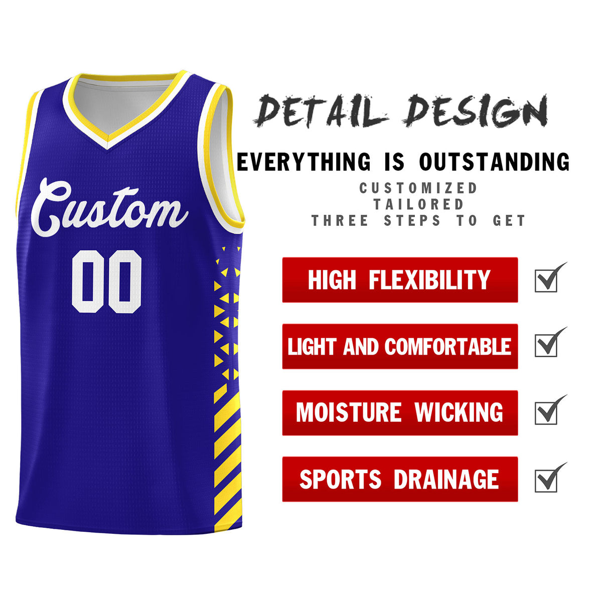 Custom Royal Basketball Kits With Side Gold Diamond Stripe Pattern