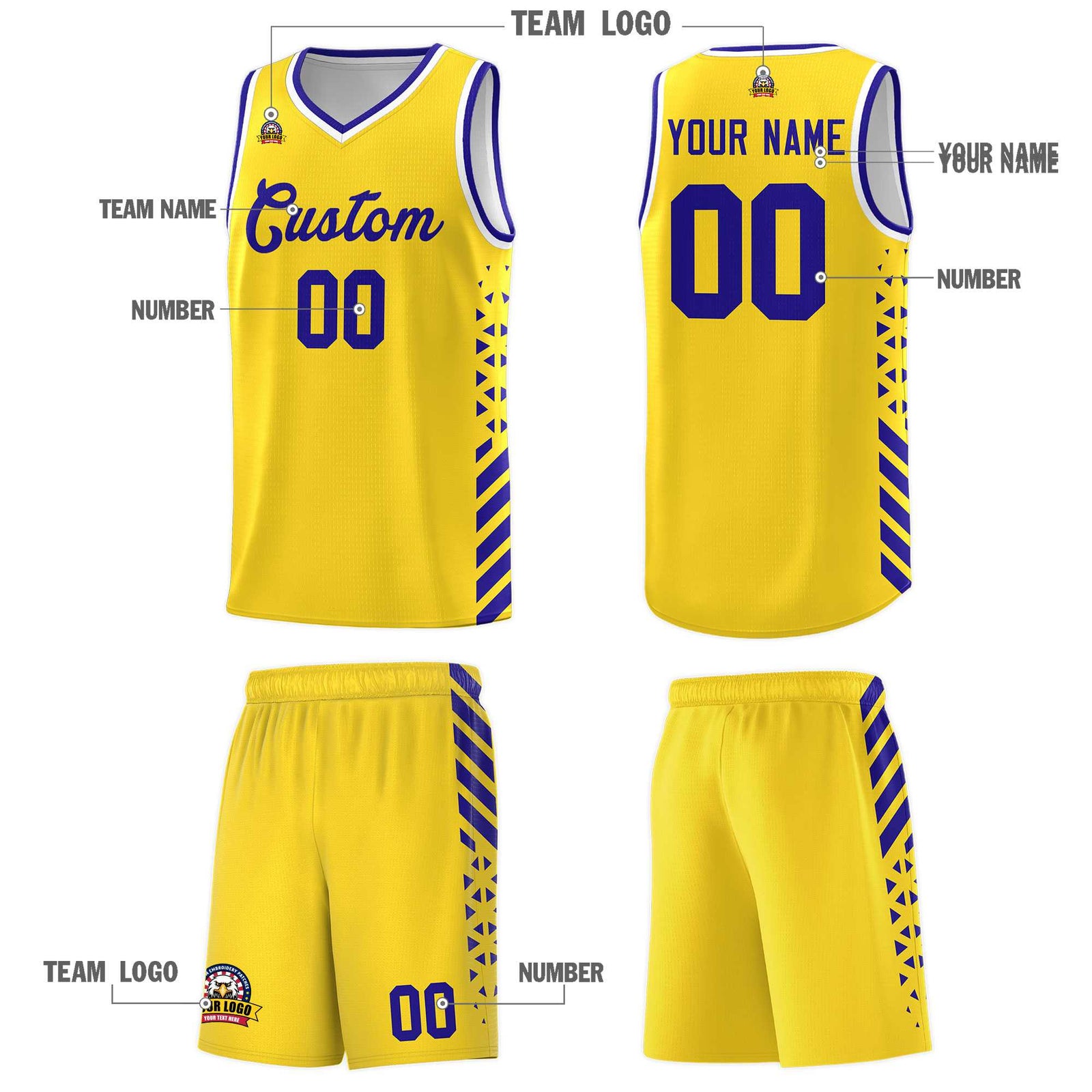 Custom Gold Basketball Kits With Side Royal Diamond Stripe Pattern