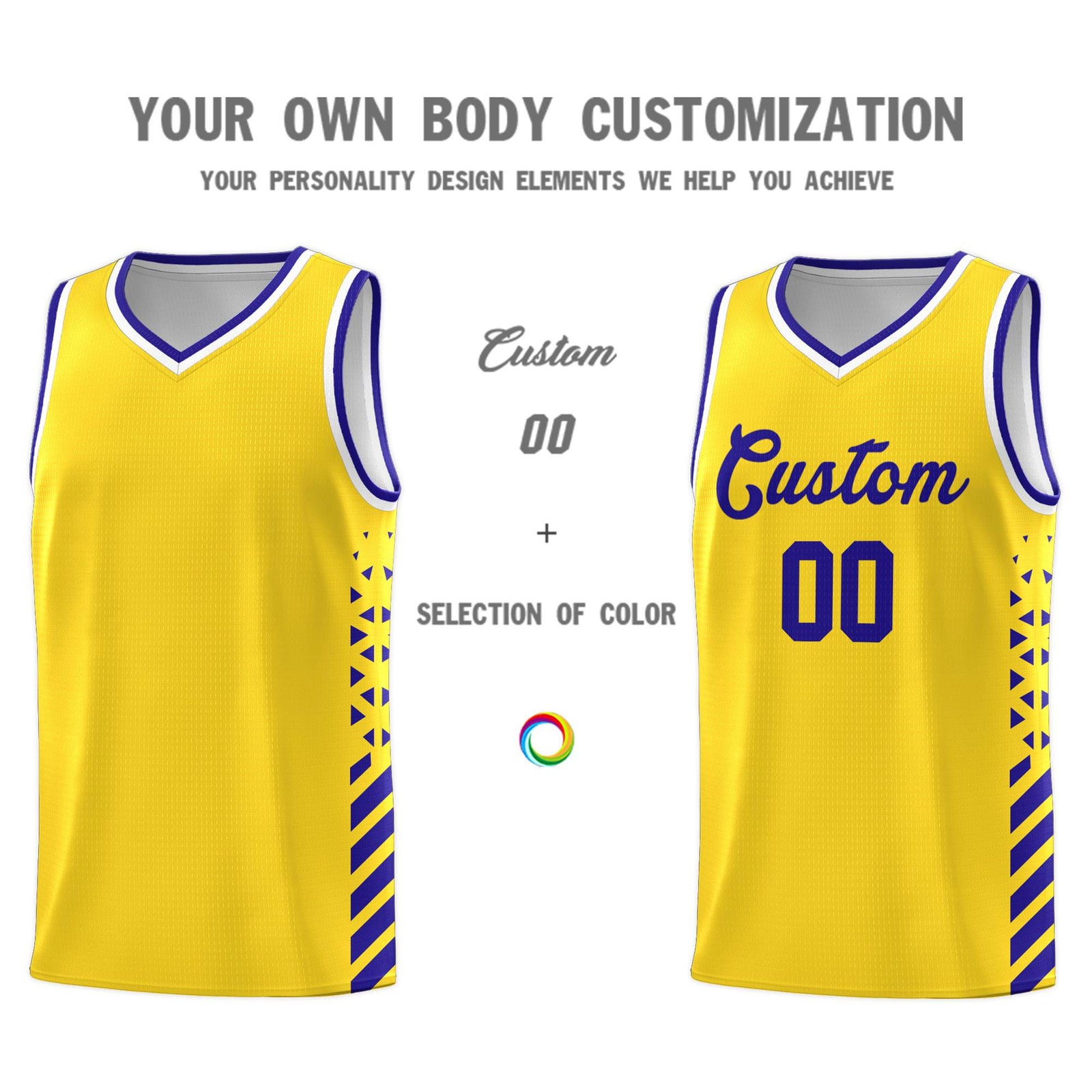 Custom Gold Basketball Kits With Side Royal Diamond Stripe Pattern