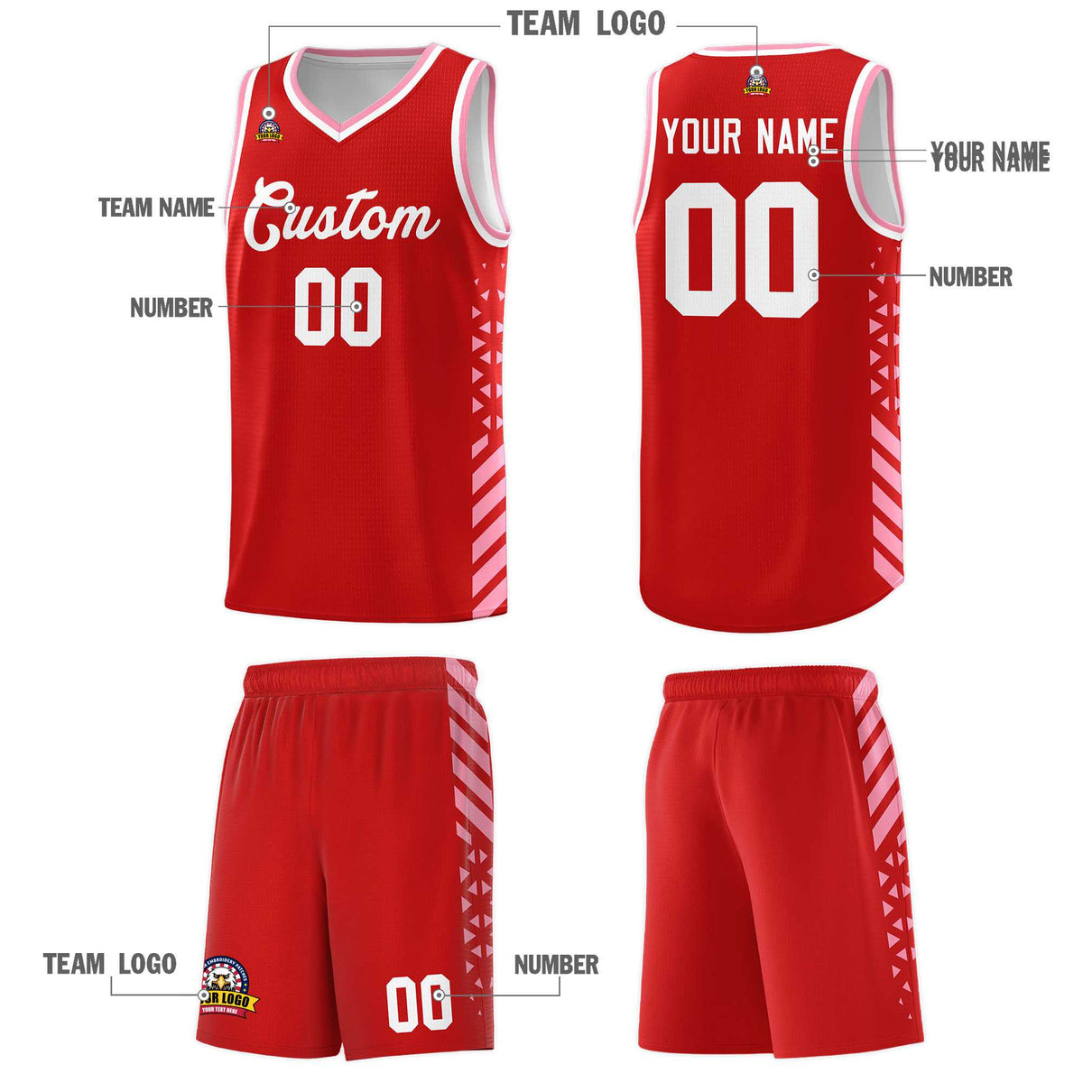 Custom Red Basketball Kits With Side Light Pink Diamond Stripe Pattern