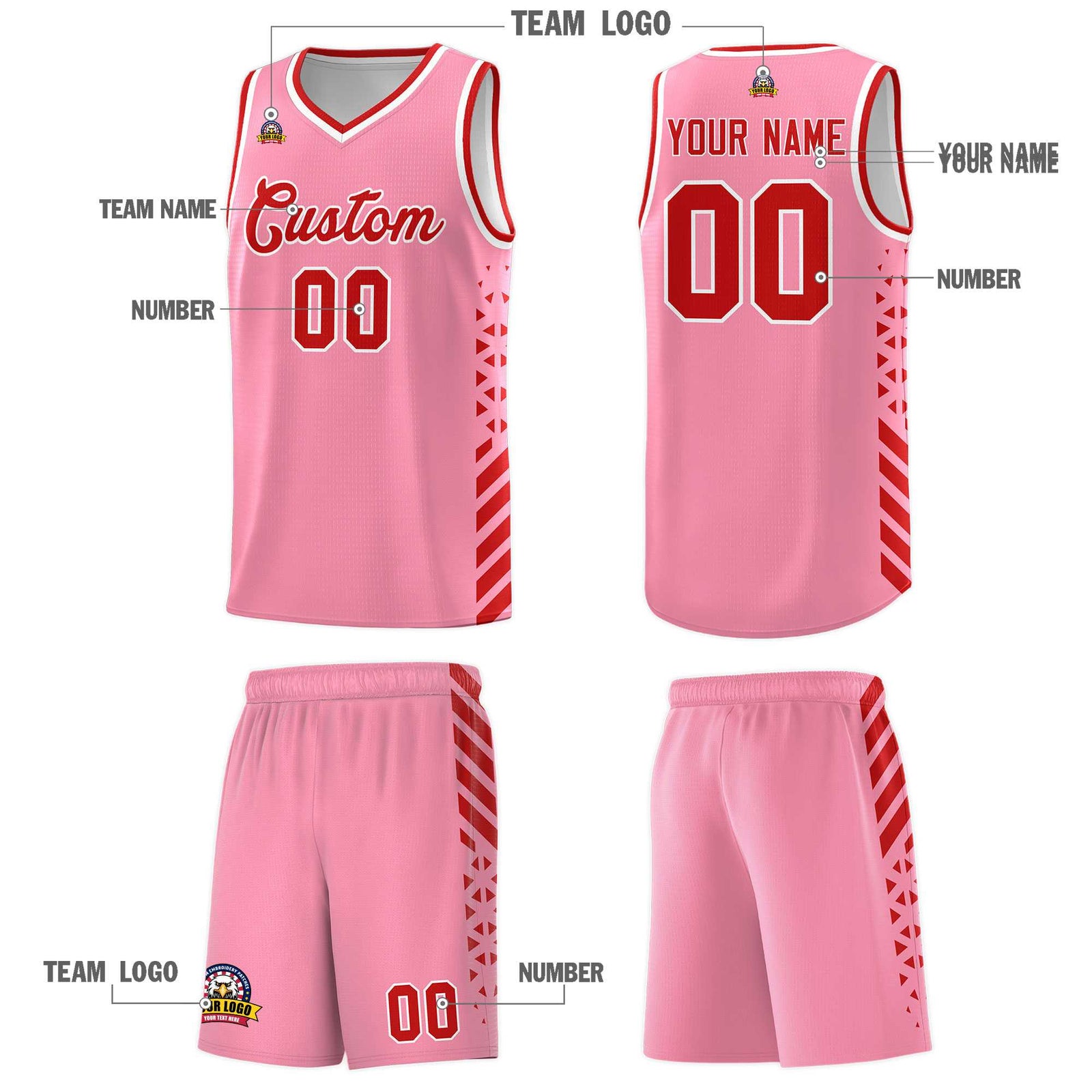 Custom Light Pink Basketball Kits With Side Red Diamond Stripe Pattern