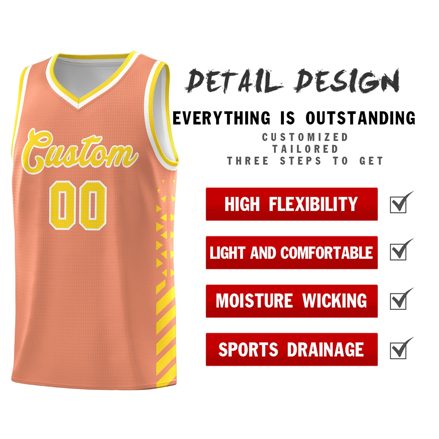 Custom Light Orange Basketball Kits With Side Gold Diamond Stripe Pattern