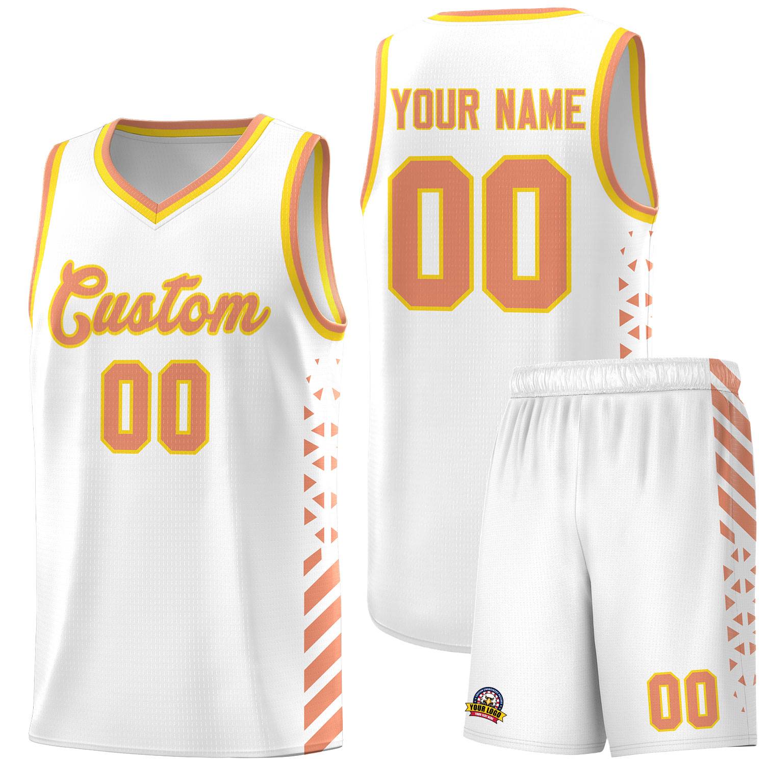 Custom White Basketball Kits With Side Light Orange Diamond Stripe Pattern