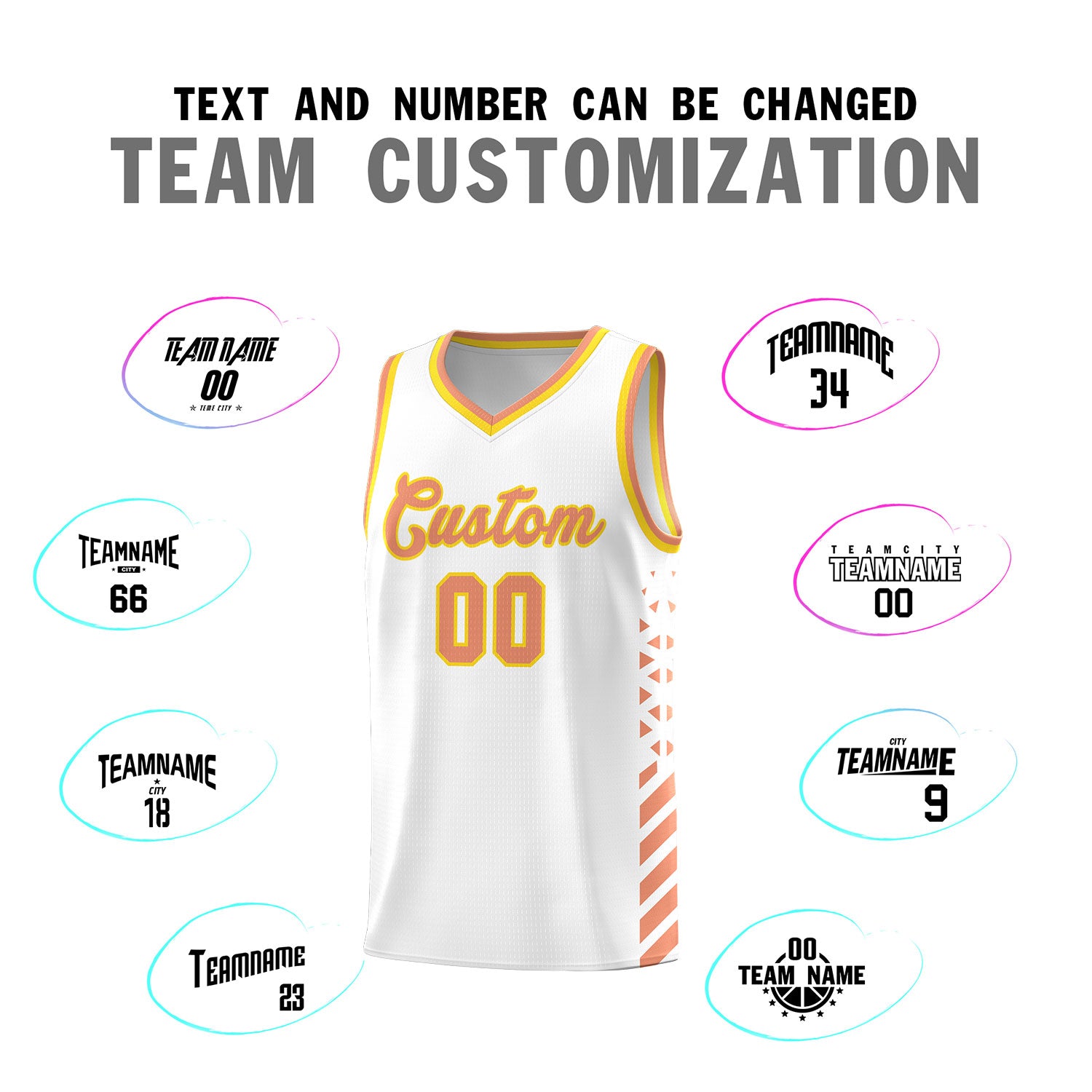 Custom White Basketball Kits With Side Light Orange Diamond Stripe Pattern