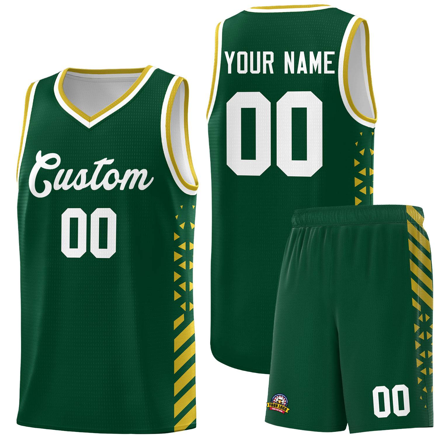 Custom Green Basketball Kits With Side Old Gold Diamond Stripe Pattern