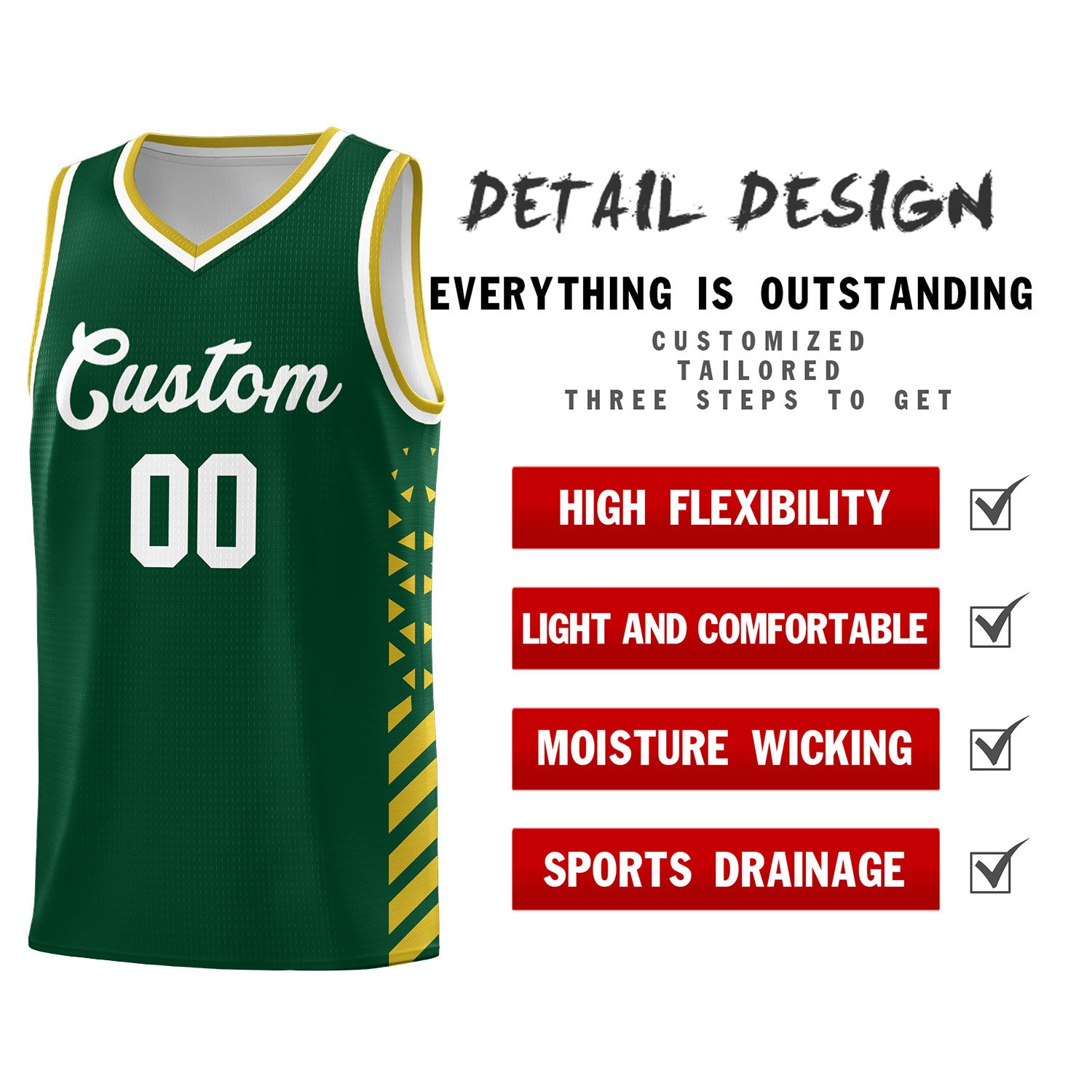 Custom Green Basketball Kits With Side Old Gold Diamond Stripe Pattern