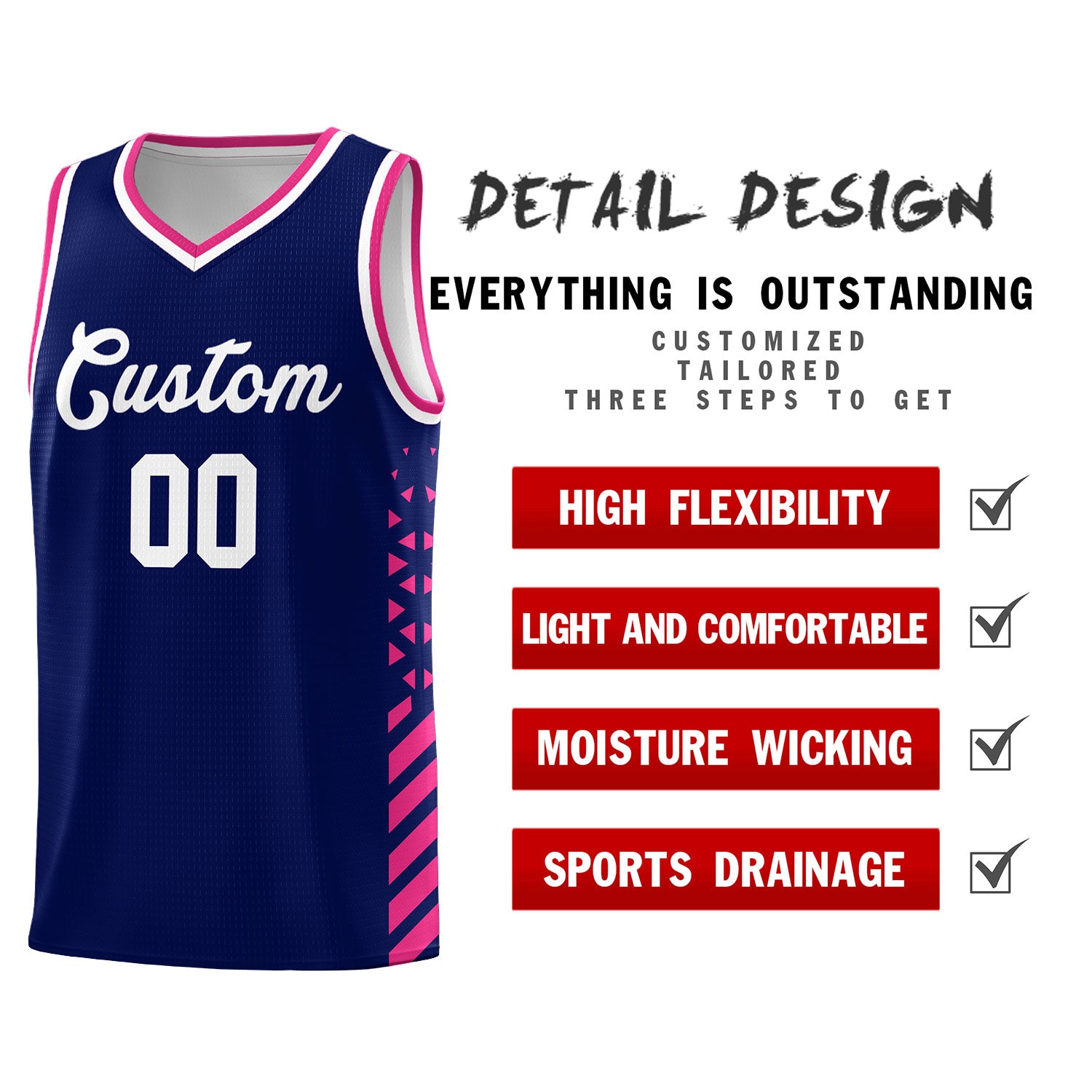 Custom Navy Basketball Kits With Side Rose Red Diamond Stripe Pattern