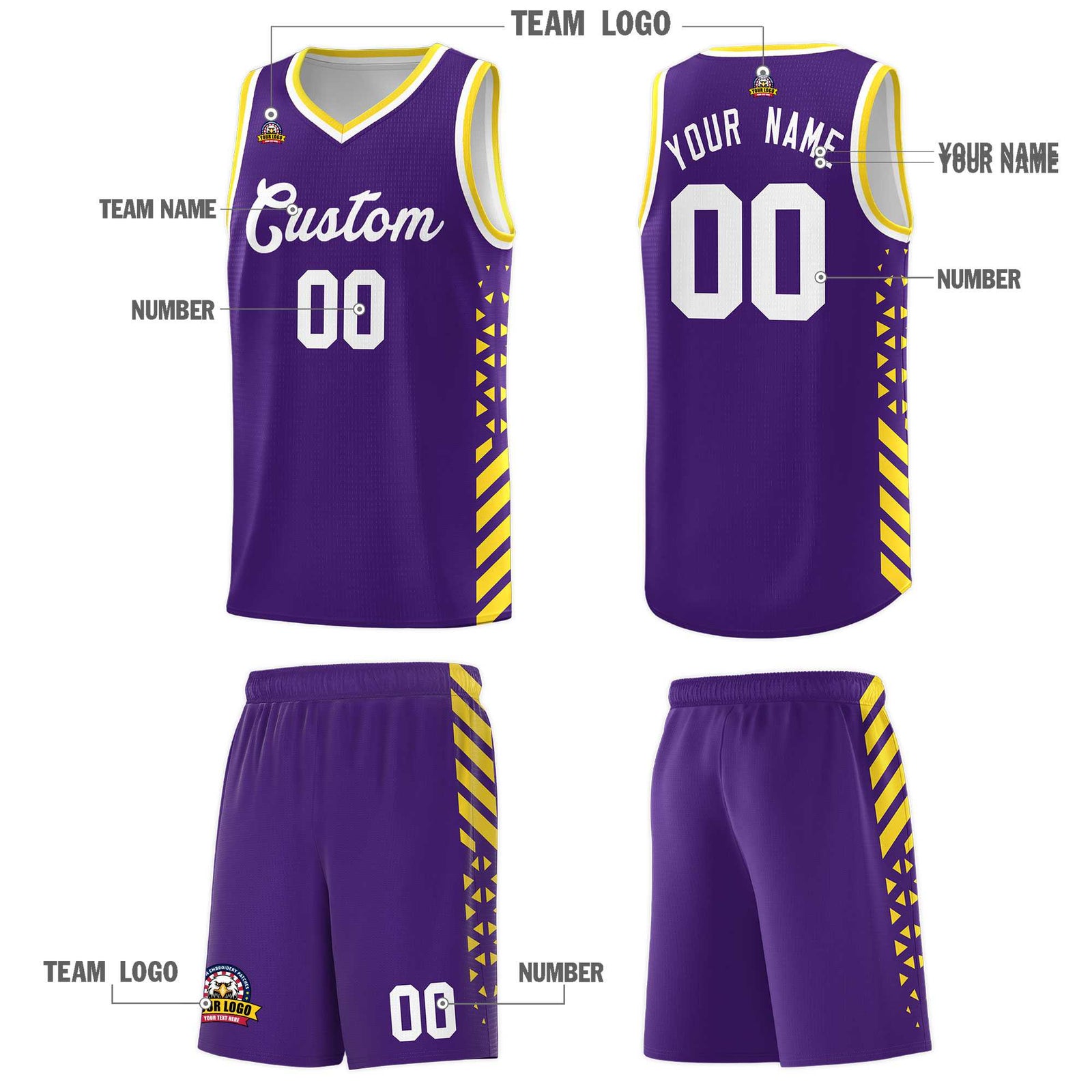 Custom Purple Basketball Kits With Side Gold Diamond Stripe Pattern