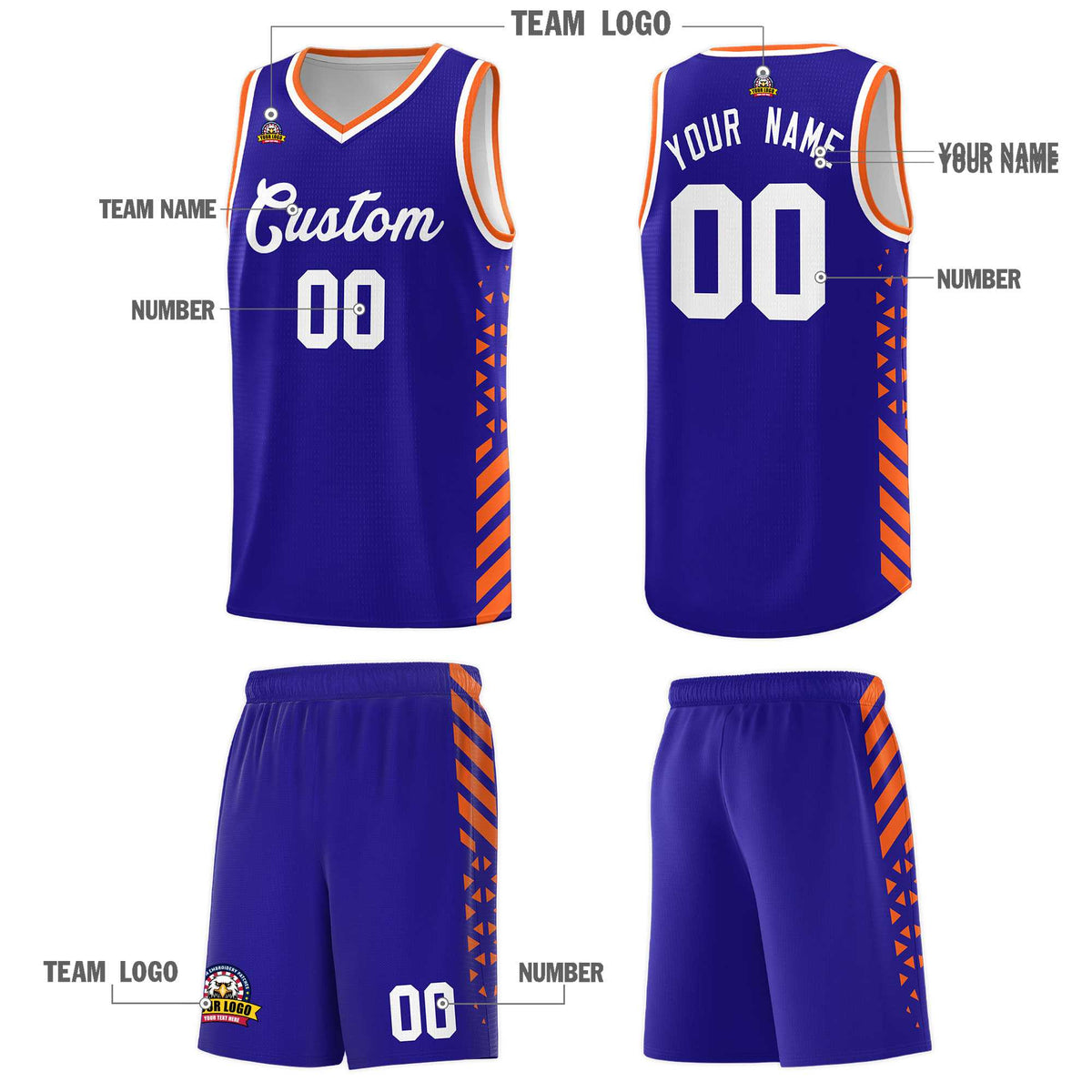 Custom Royal Basketball Kits With Side Orange Diamond Stripe Pattern