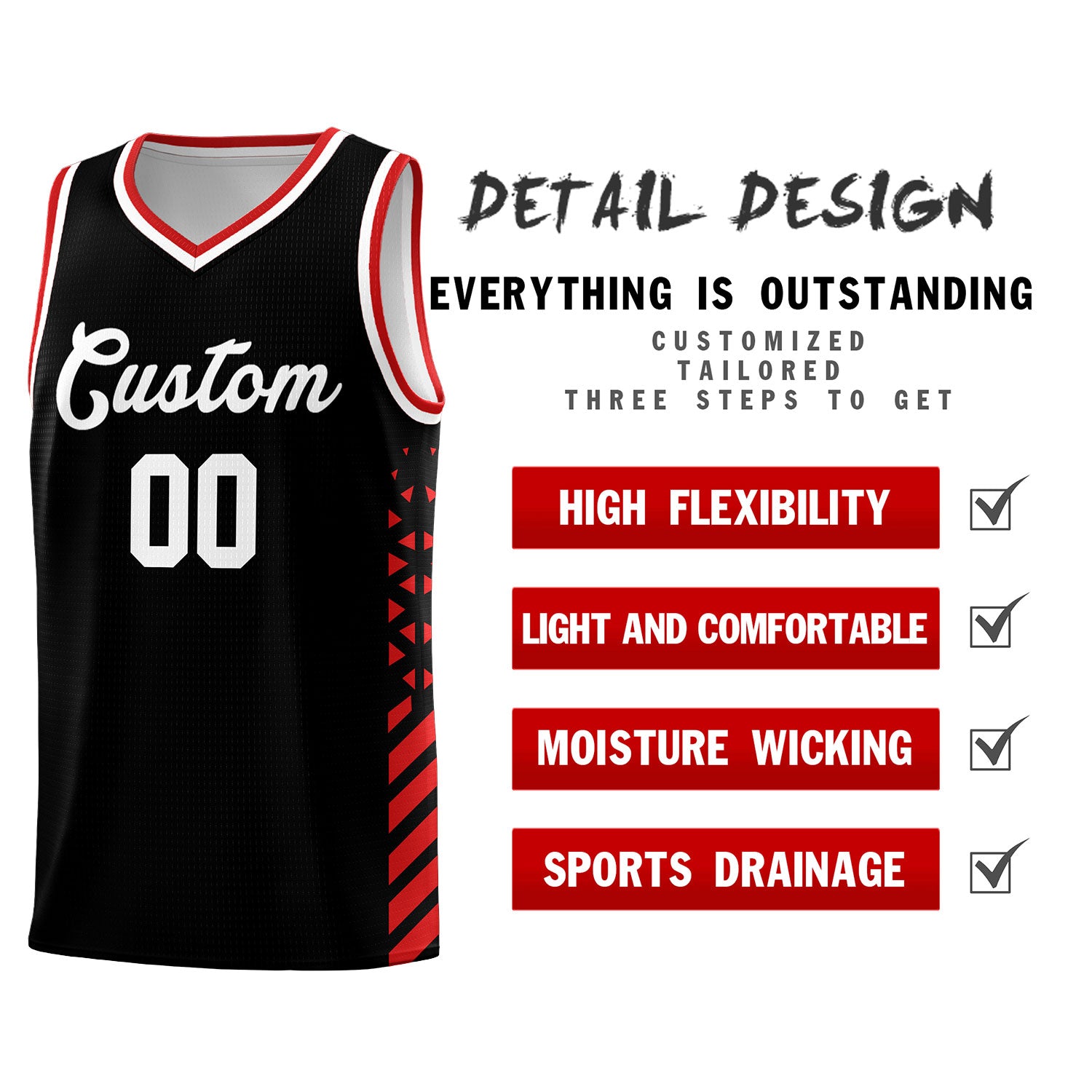 Custom Black Basketball Kits With Side Red Diamond Stripe Pattern