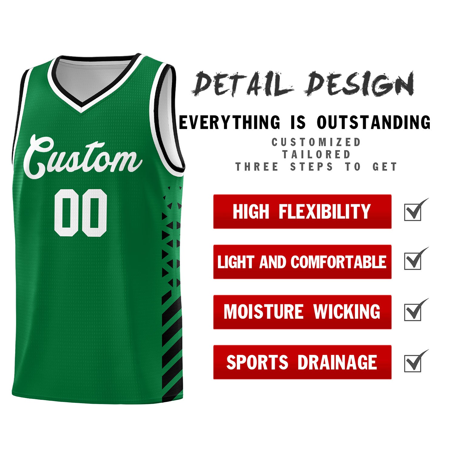 Custom Kelly Green Basketball Kits With Side Black Diamond Stripe Pattern