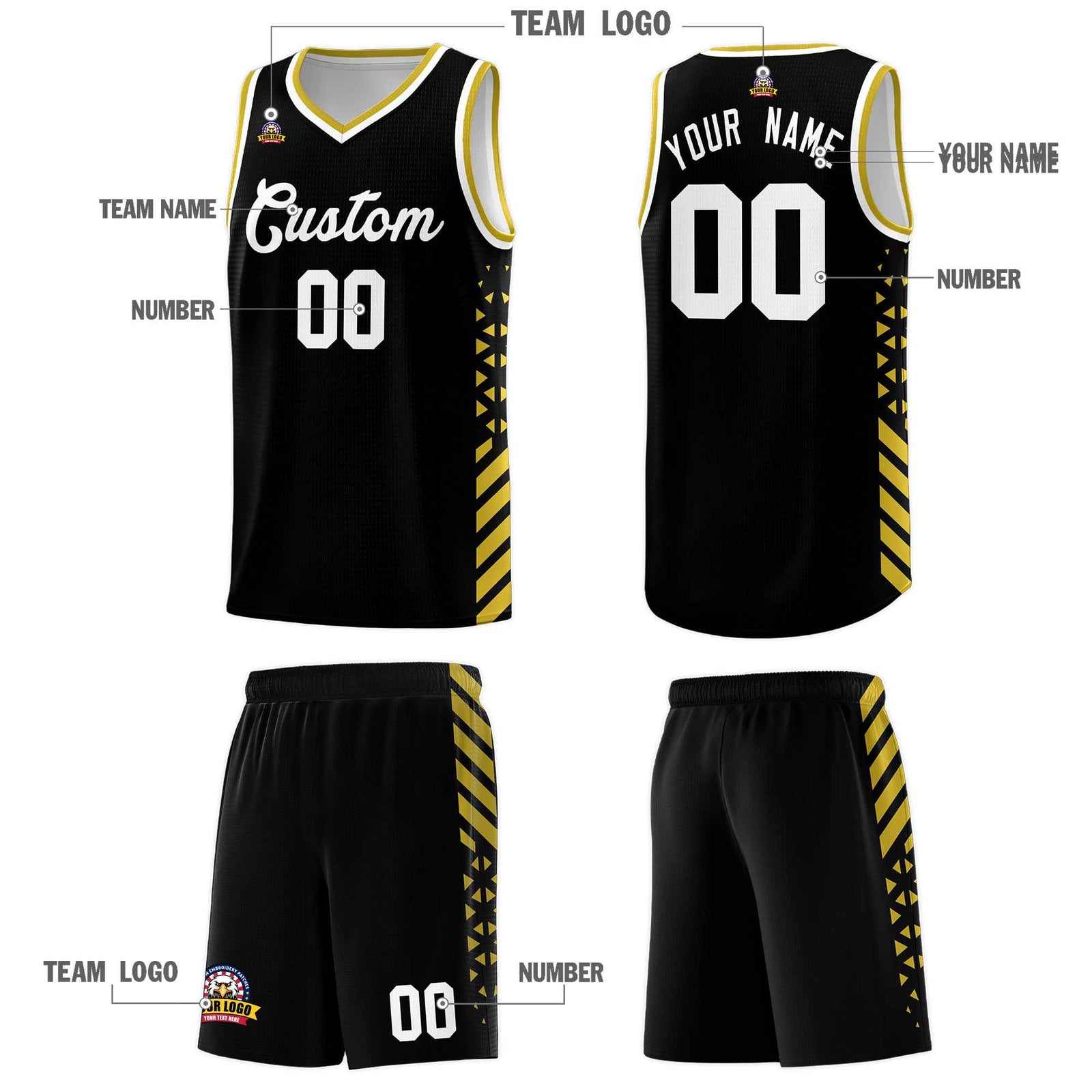 Custom Black Basketball Kits With Side Old Gold Diamond Stripe Pattern