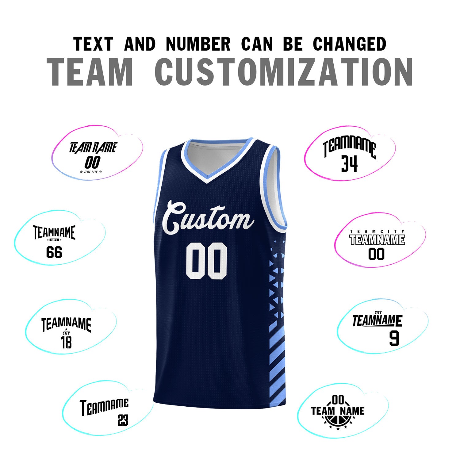 Custom Navy Basketball Kits With Side Light Blue Diamond Stripe Pattern