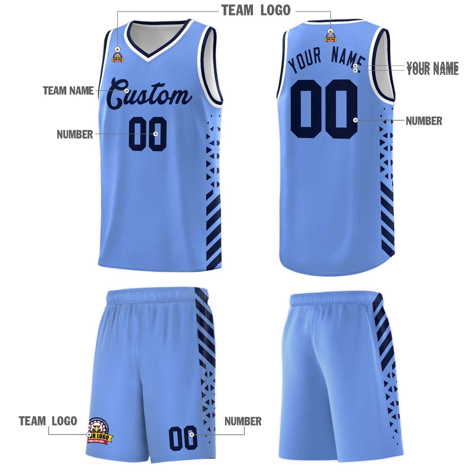 Custom Light Blue Basketball Kits With Side Navy Diamond Stripe Pattern