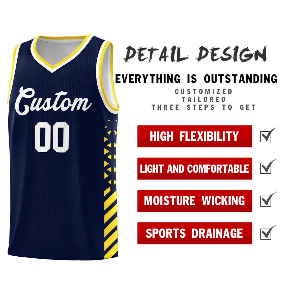 Custom Navy Basketball Kits With Side Gold Diamond Stripe Pattern