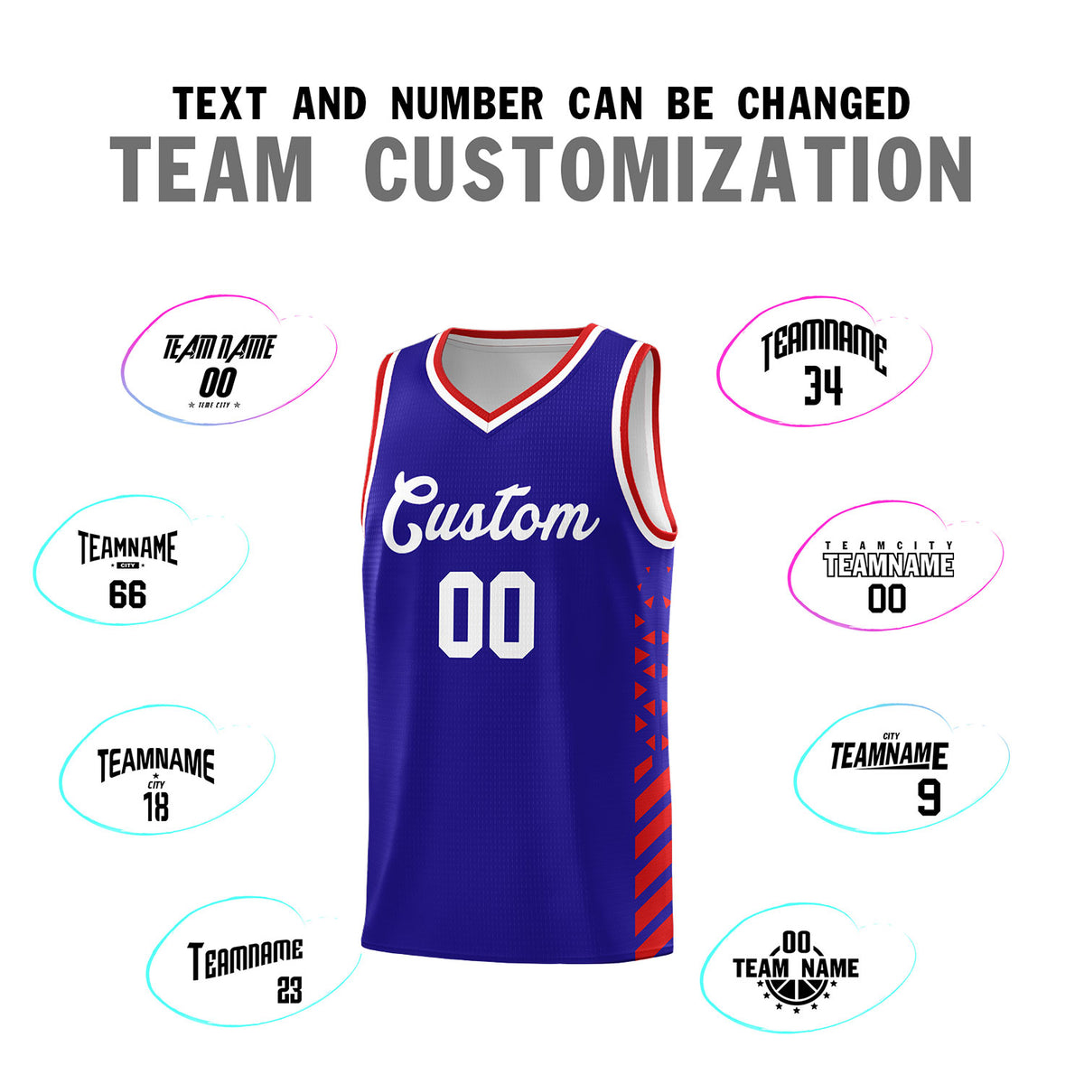 Custom Royal Basketball Kits With Side Red Diamond Stripe Pattern