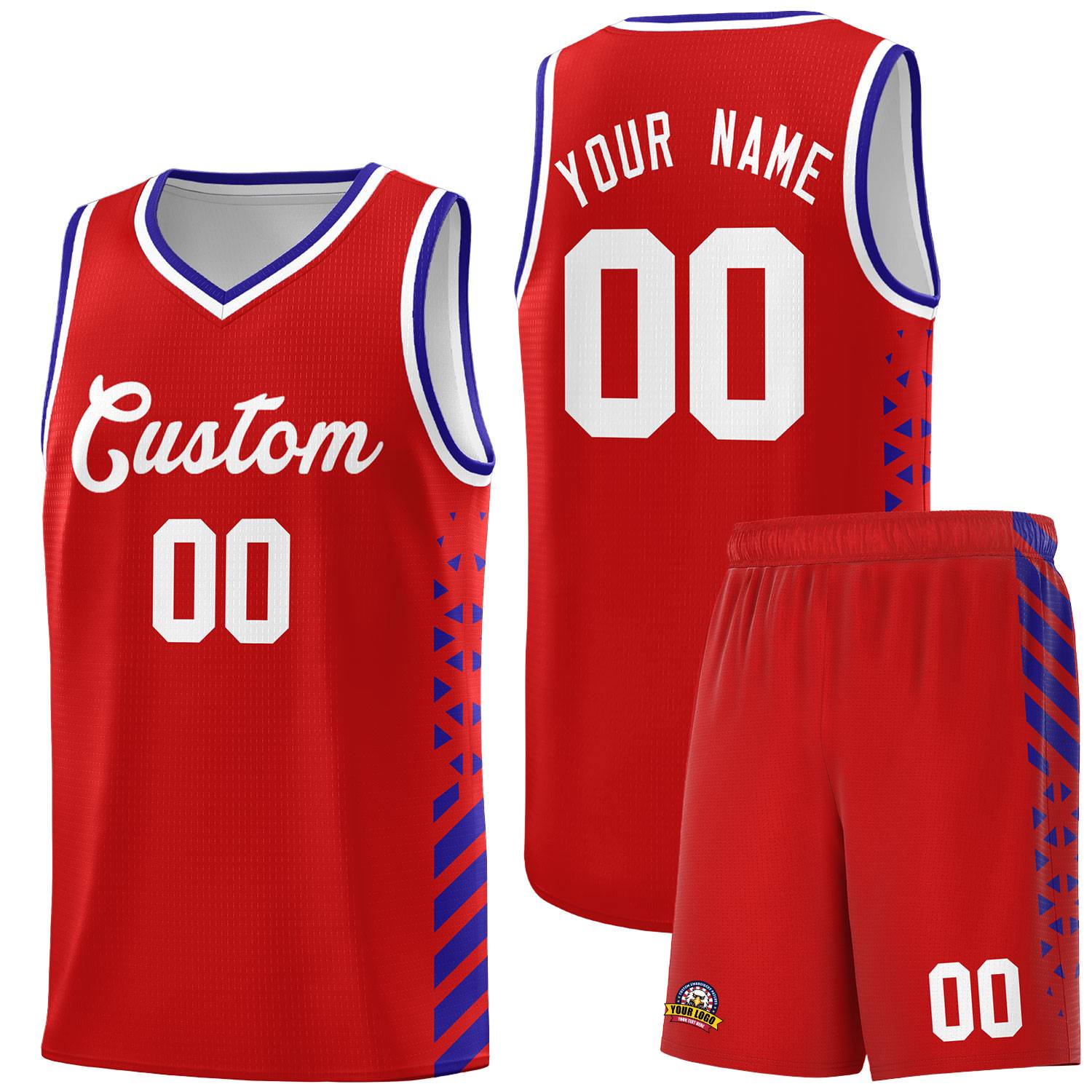 Custom Red Basketball Kits With Side Royal Diamond Stripe Pattern