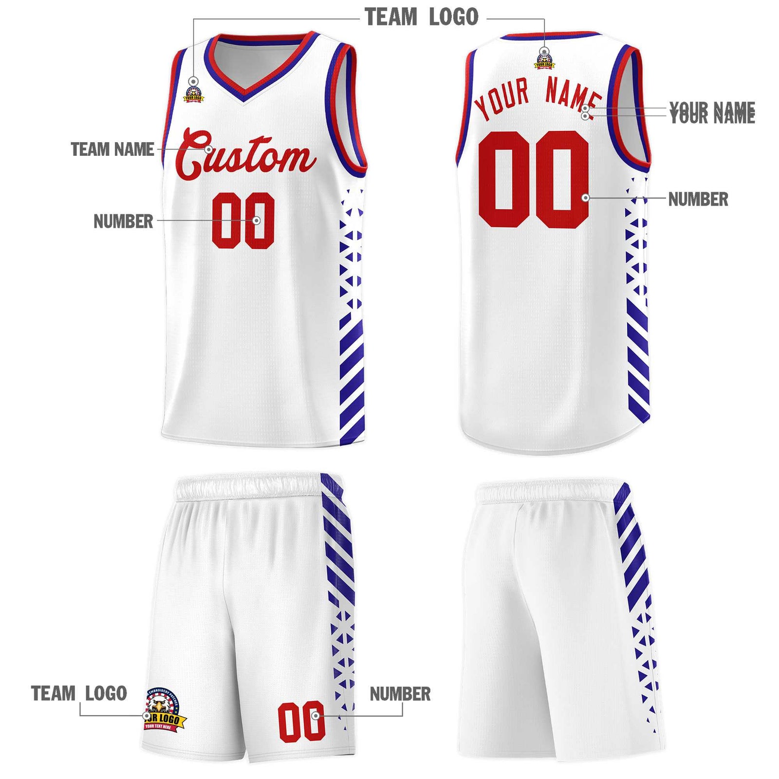 Custom White Basketball Kits With Side Royal Diamond Stripe Pattern