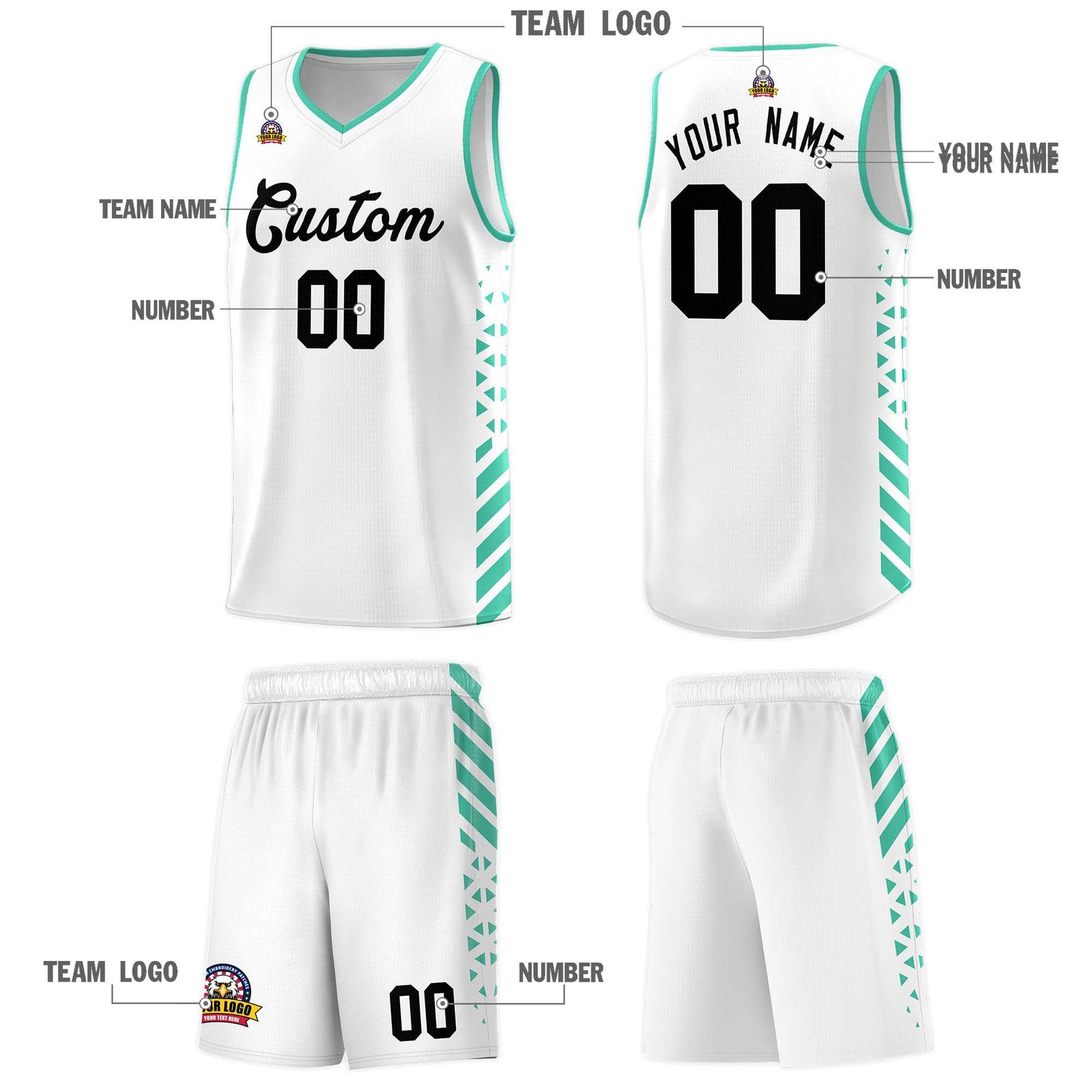 Custom White Basketball Kits With Side Bright Green Diamond Stripe Pattern
