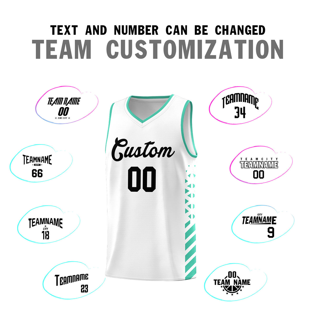 Custom White Basketball Kits With Side Bright Green Diamond Stripe Pattern