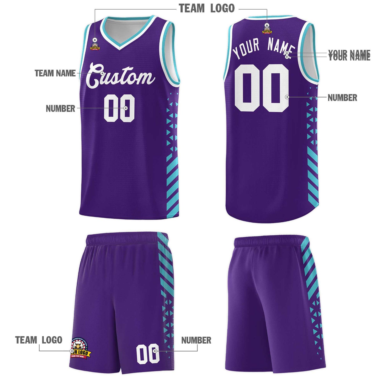 Custom Purple Basketball Kits With Side Sky Blue Diamond Stripe Pattern