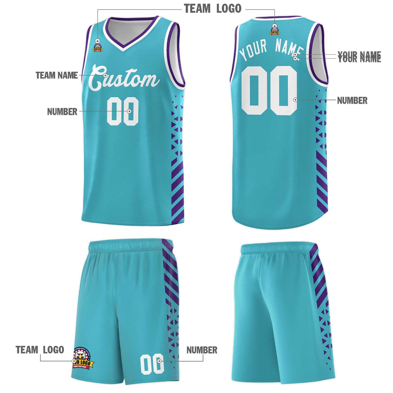 Custom Sky Blue Basketball Kits With Side Purple Diamond Stripe Pattern
