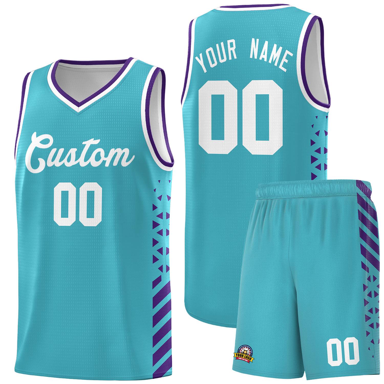 Custom Sky Blue Basketball Kits With Side Purple Diamond Stripe Pattern