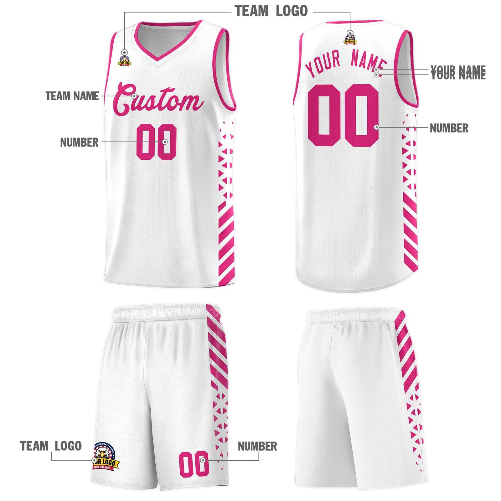 Custom White Basketball Kits With Side Rose Red Diamond Stripe Pattern