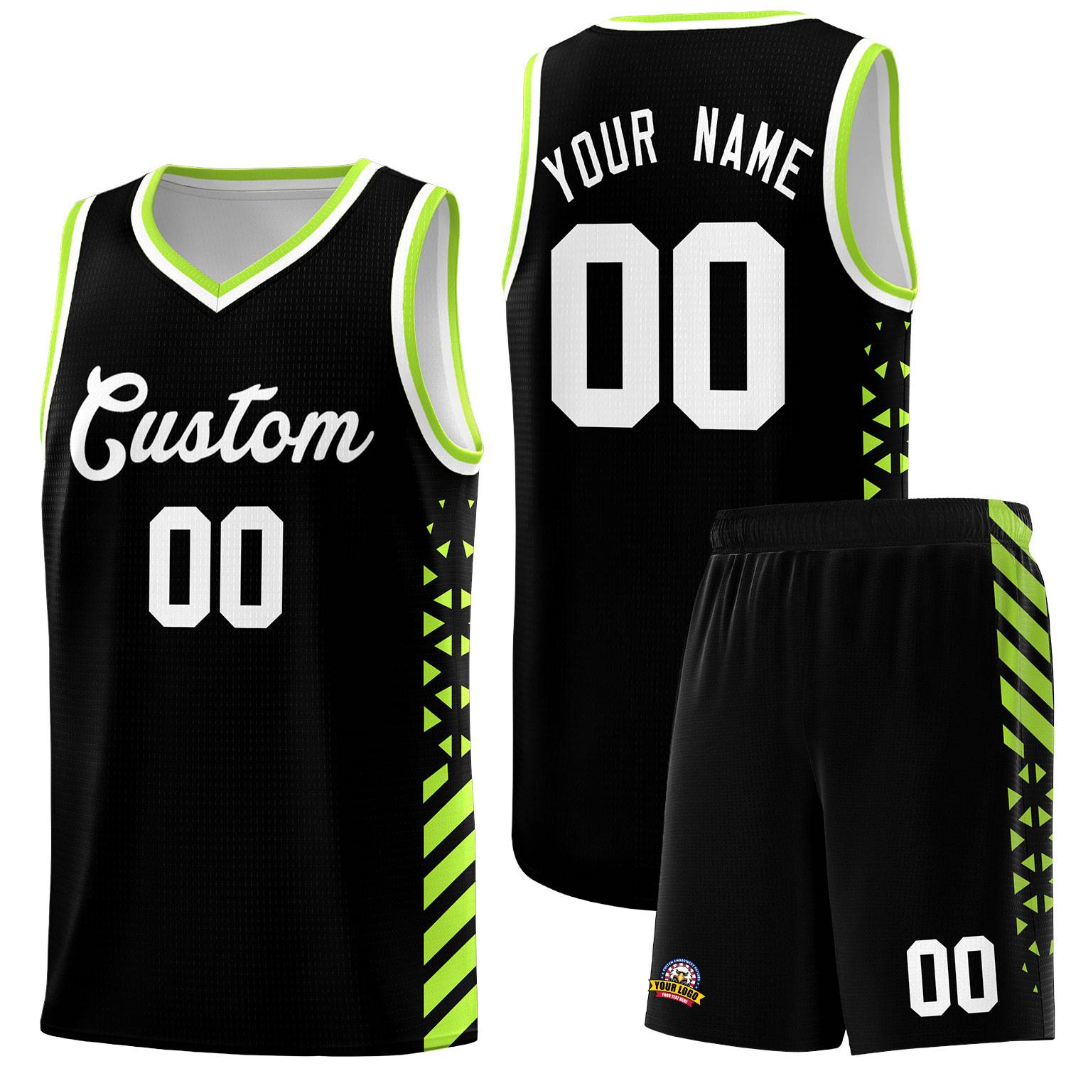 Custom Black Basketball Kits With Side Neon Green Diamond Stripe Pattern
