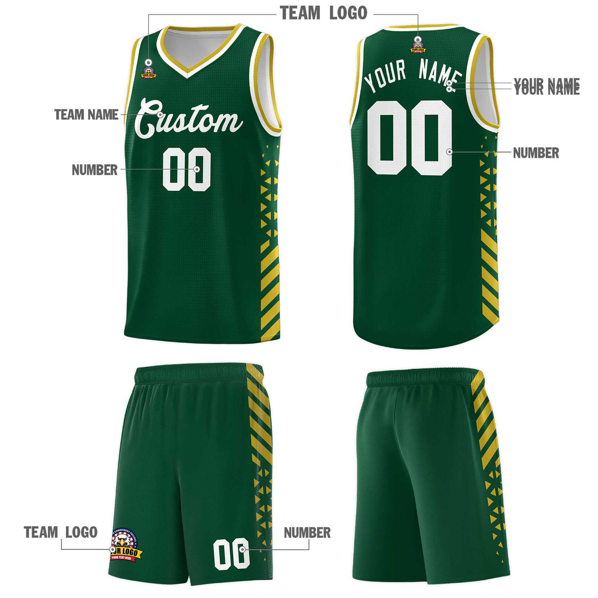Custom Green Basketball Kits With Side Old Gold Diamond Stripe Pattern