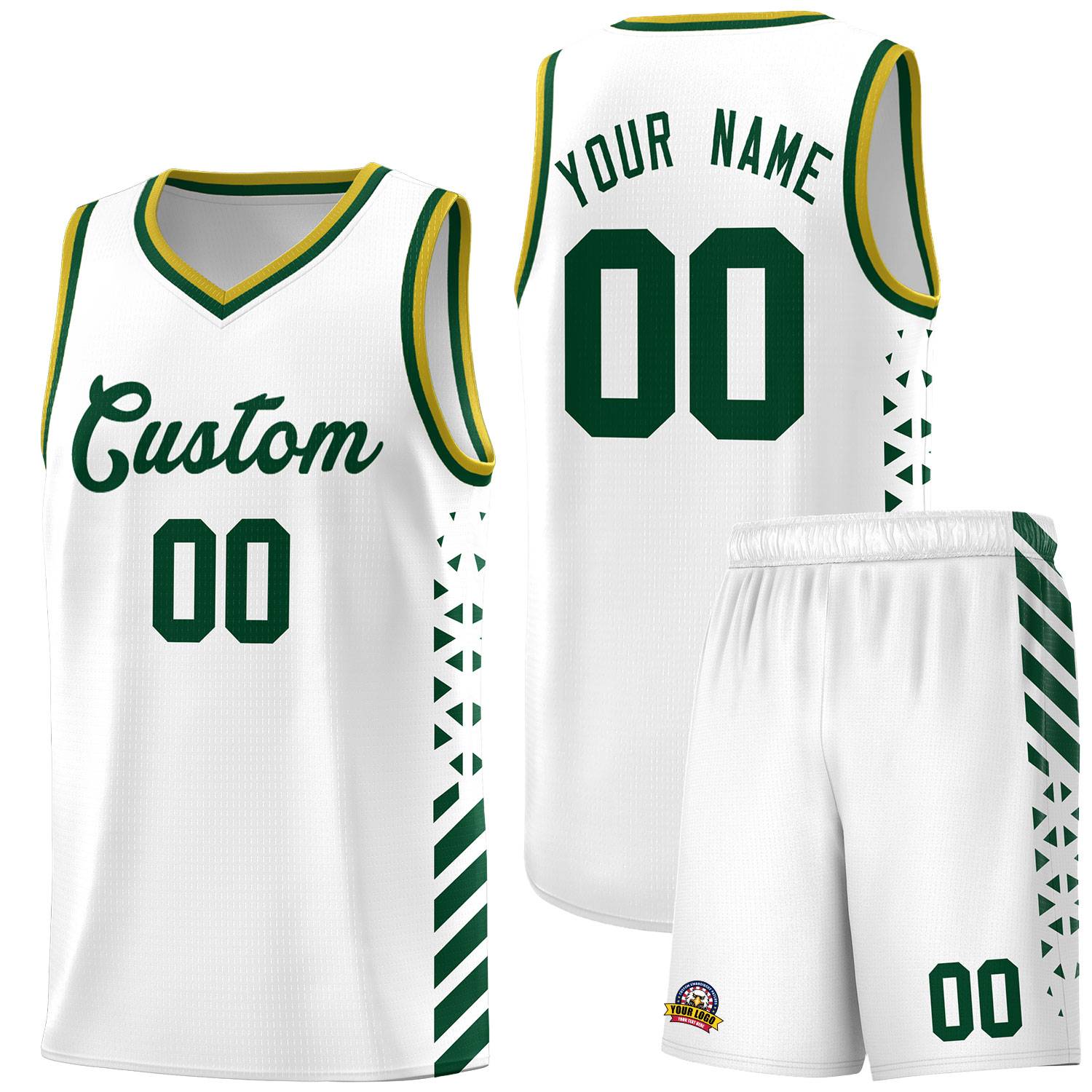 Custom White Basketball Kits With Side Green Diamond Stripe Pattern