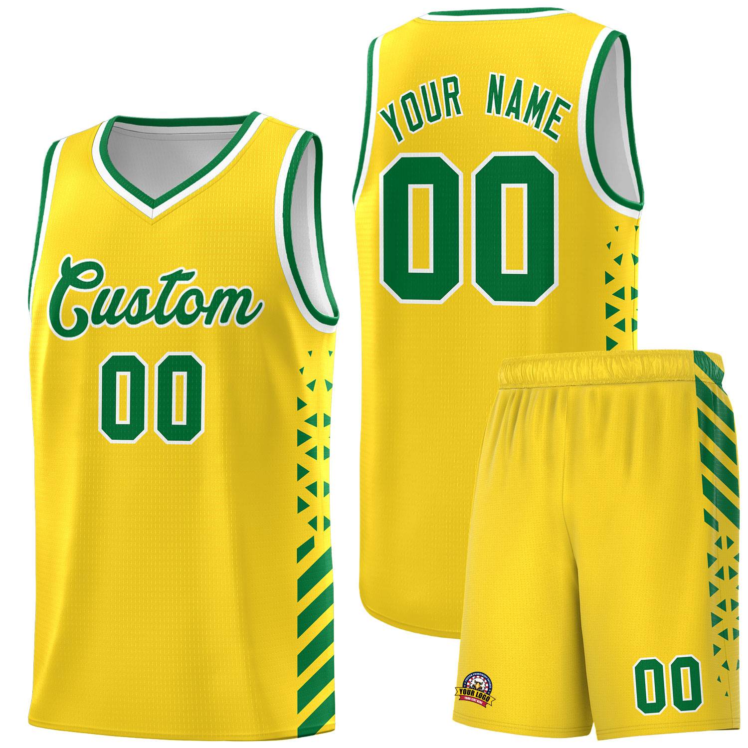 Custom Gold Basketball Kits With Side Kelly Green Diamond Stripe Pattern