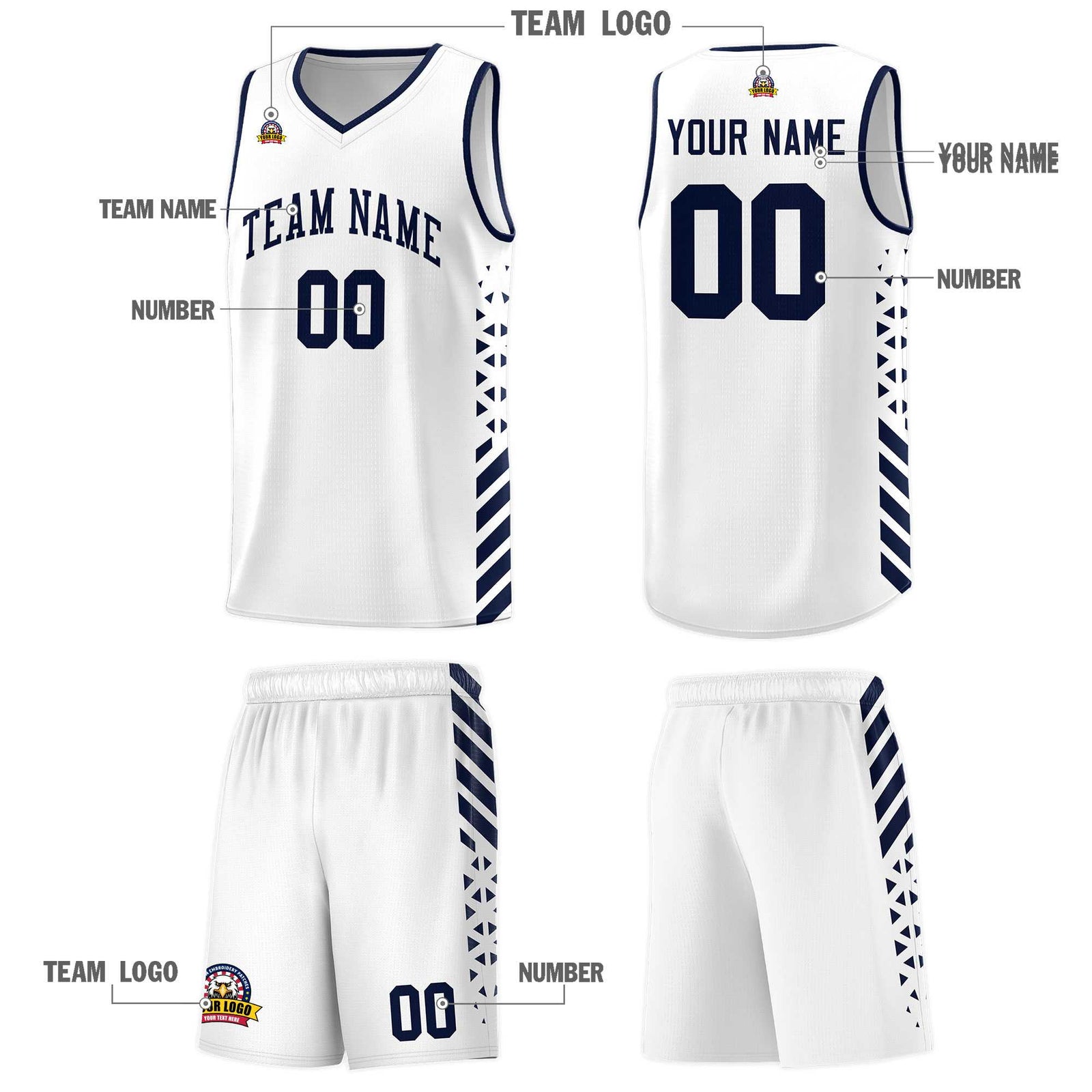 Custom White Basketball Kits With Side Navy Diamond Stripe Pattern