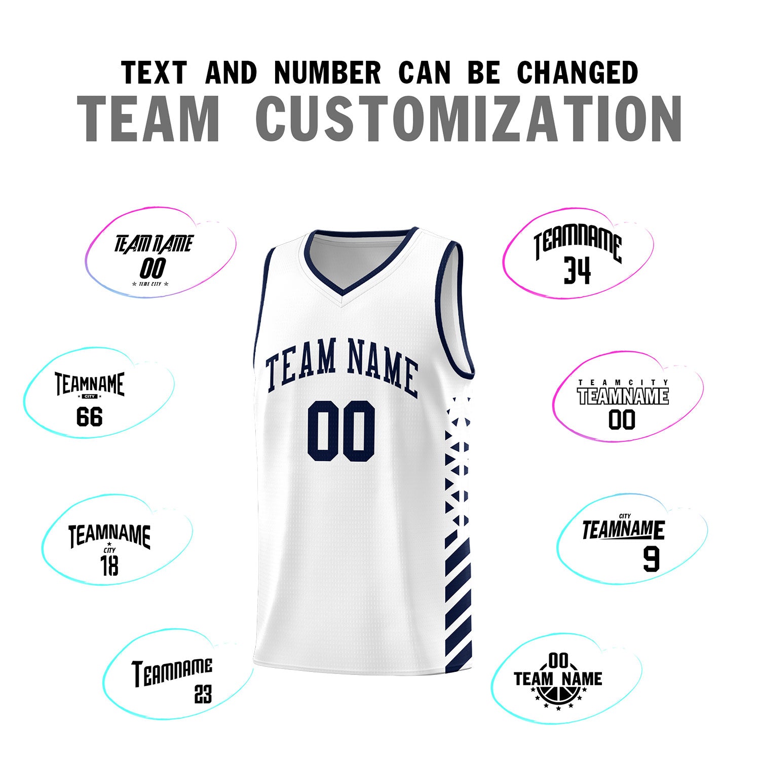 Custom White Basketball Kits With Side Navy Diamond Stripe Pattern