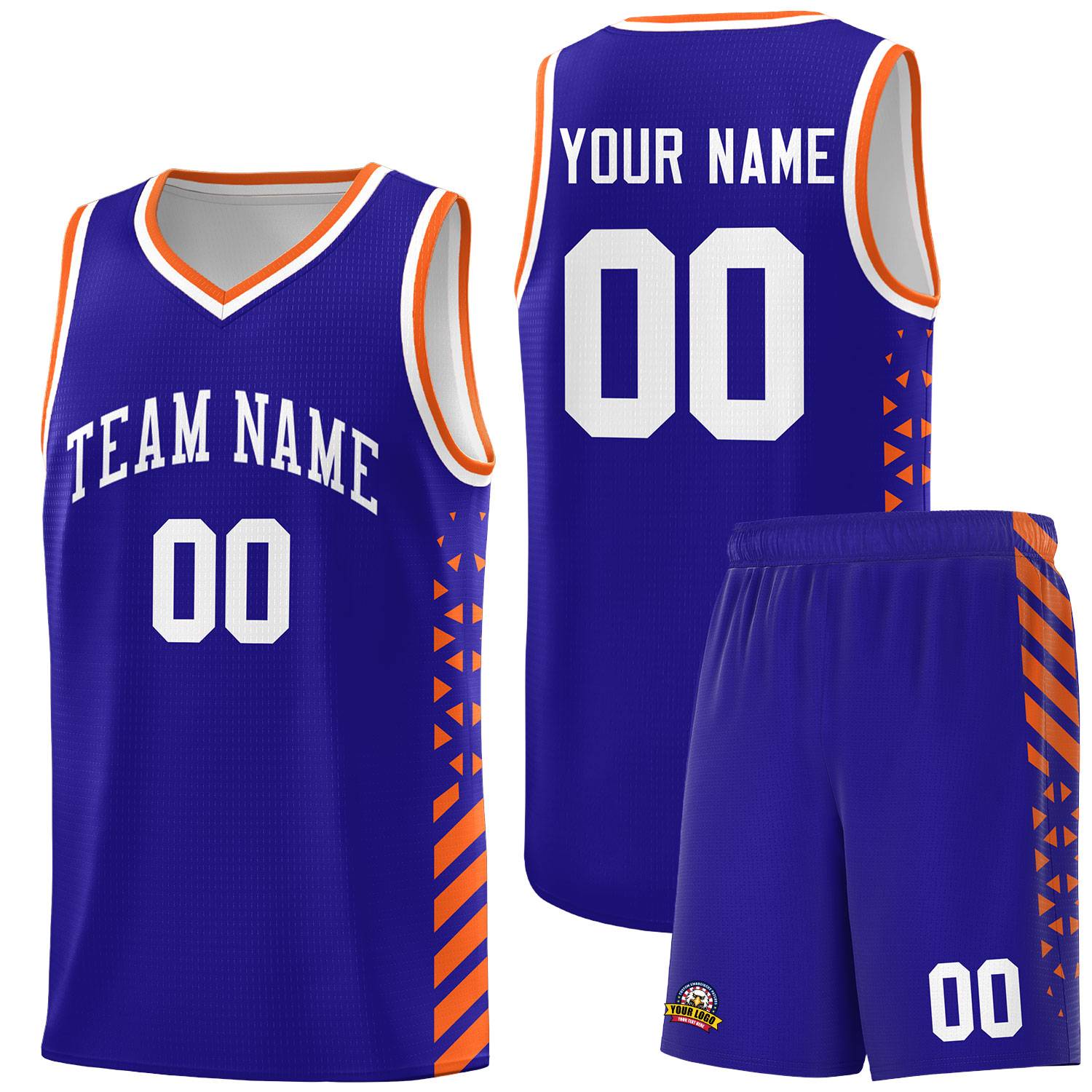 Custom Royal Basketball Kits With Side Orange Diamond Stripe Pattern