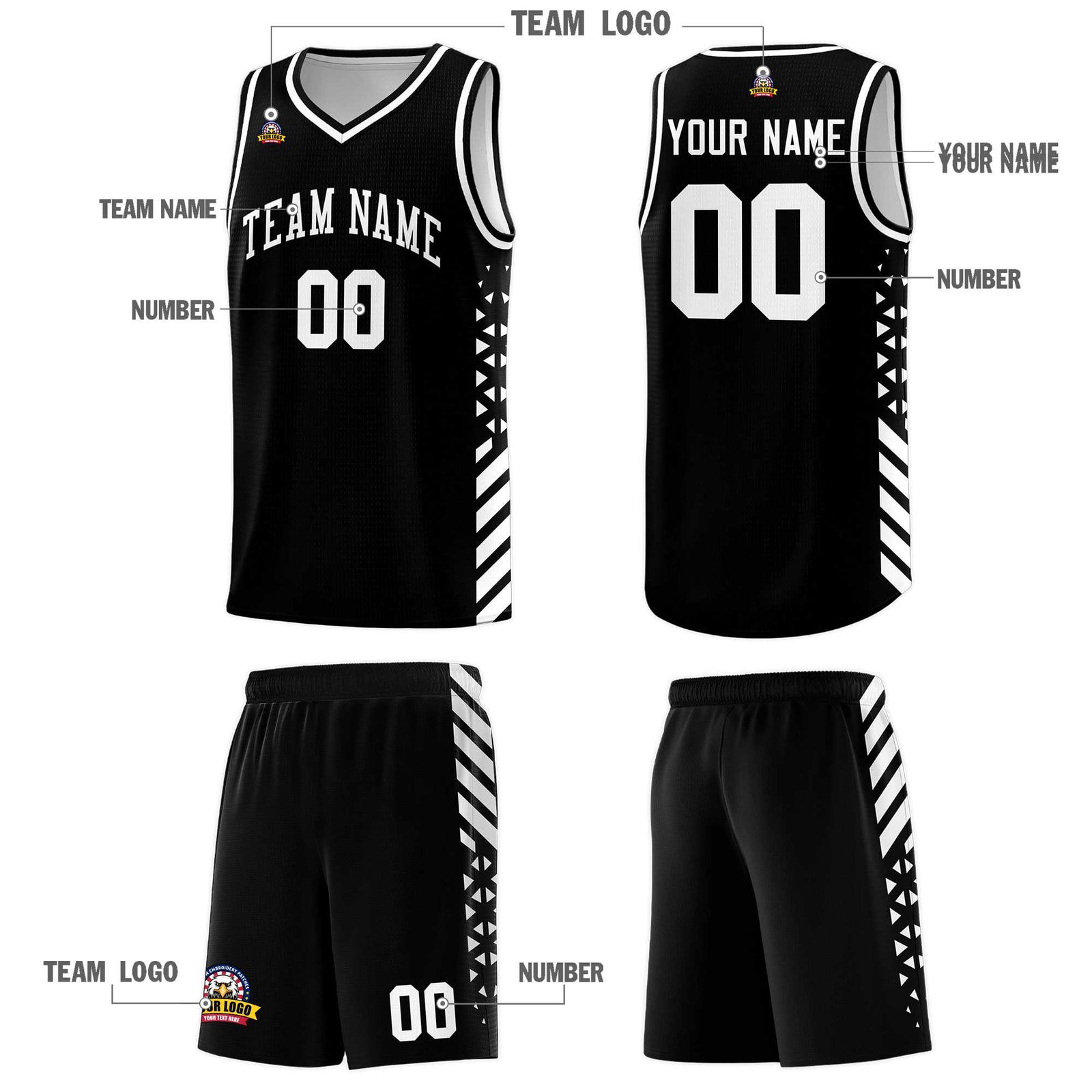 Custom Black Basketball Kits With Side White Diamond Stripe Pattern