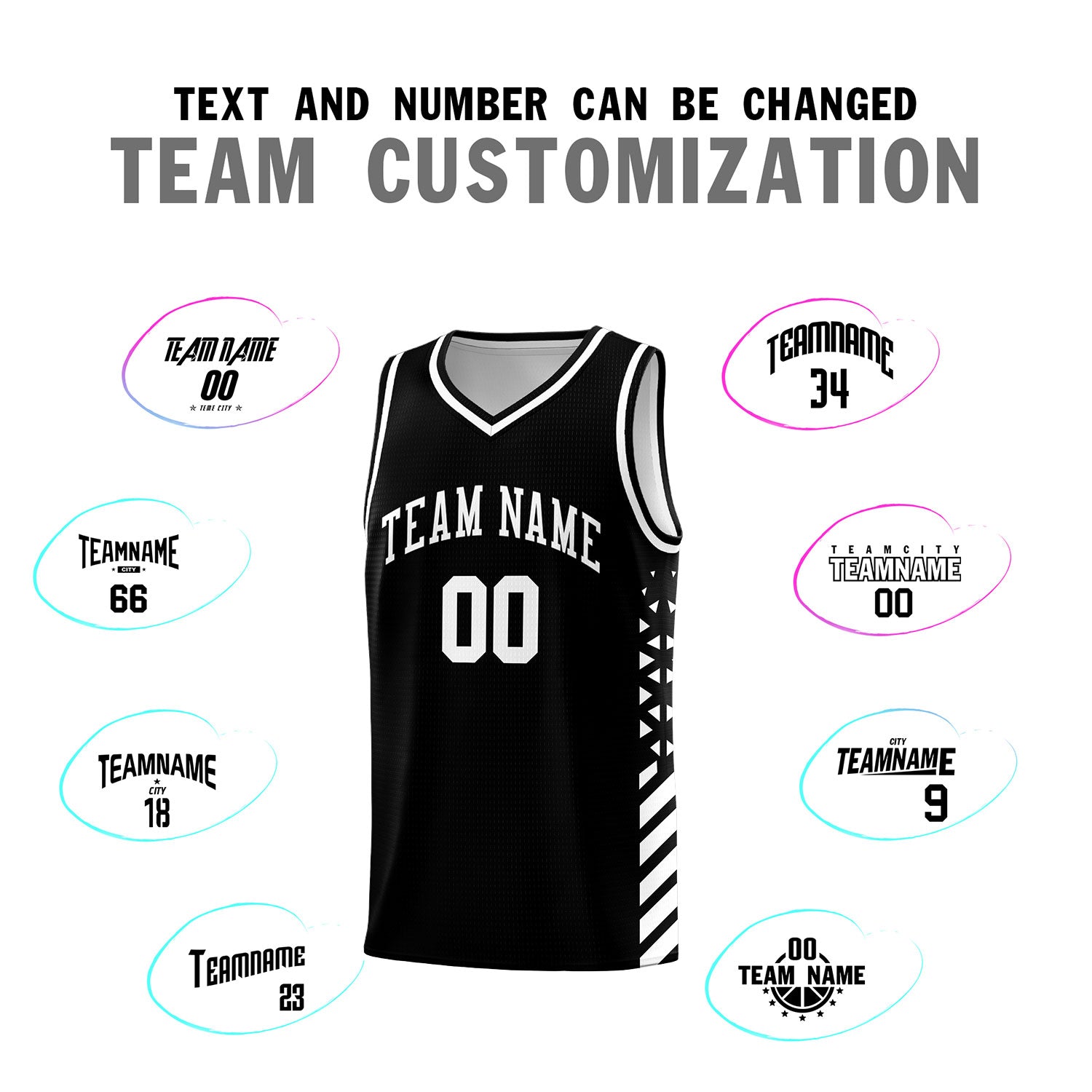 Custom Black Basketball Kits With Side White Diamond Stripe Pattern