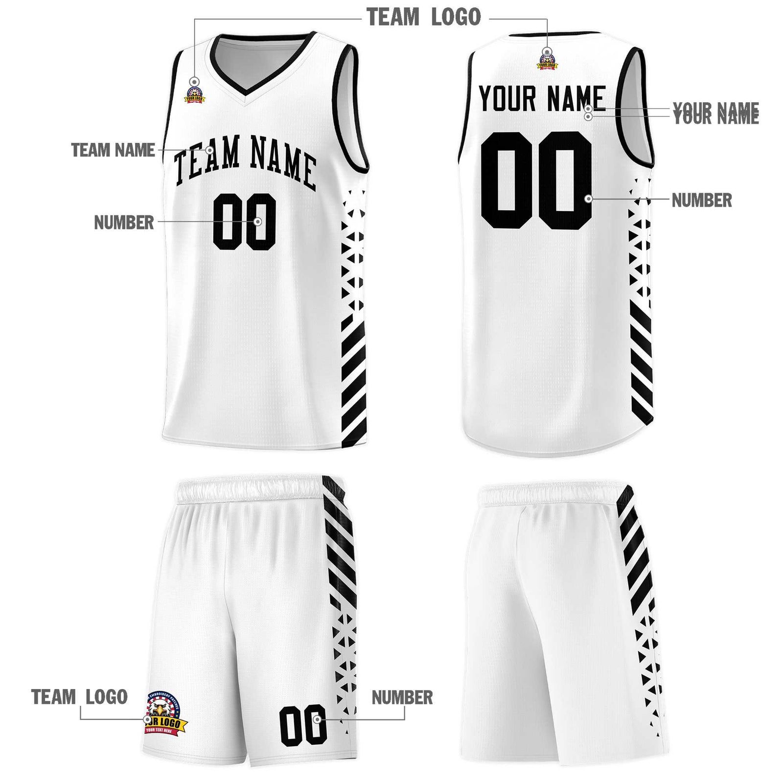 Custom White Basketball Kits With Side Black Diamond Stripe Pattern