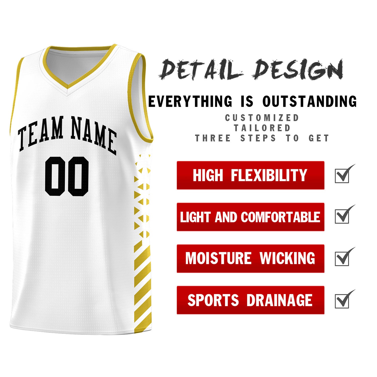 Custom White Basketball Kits With Side Old Gold Diamond Stripe Pattern