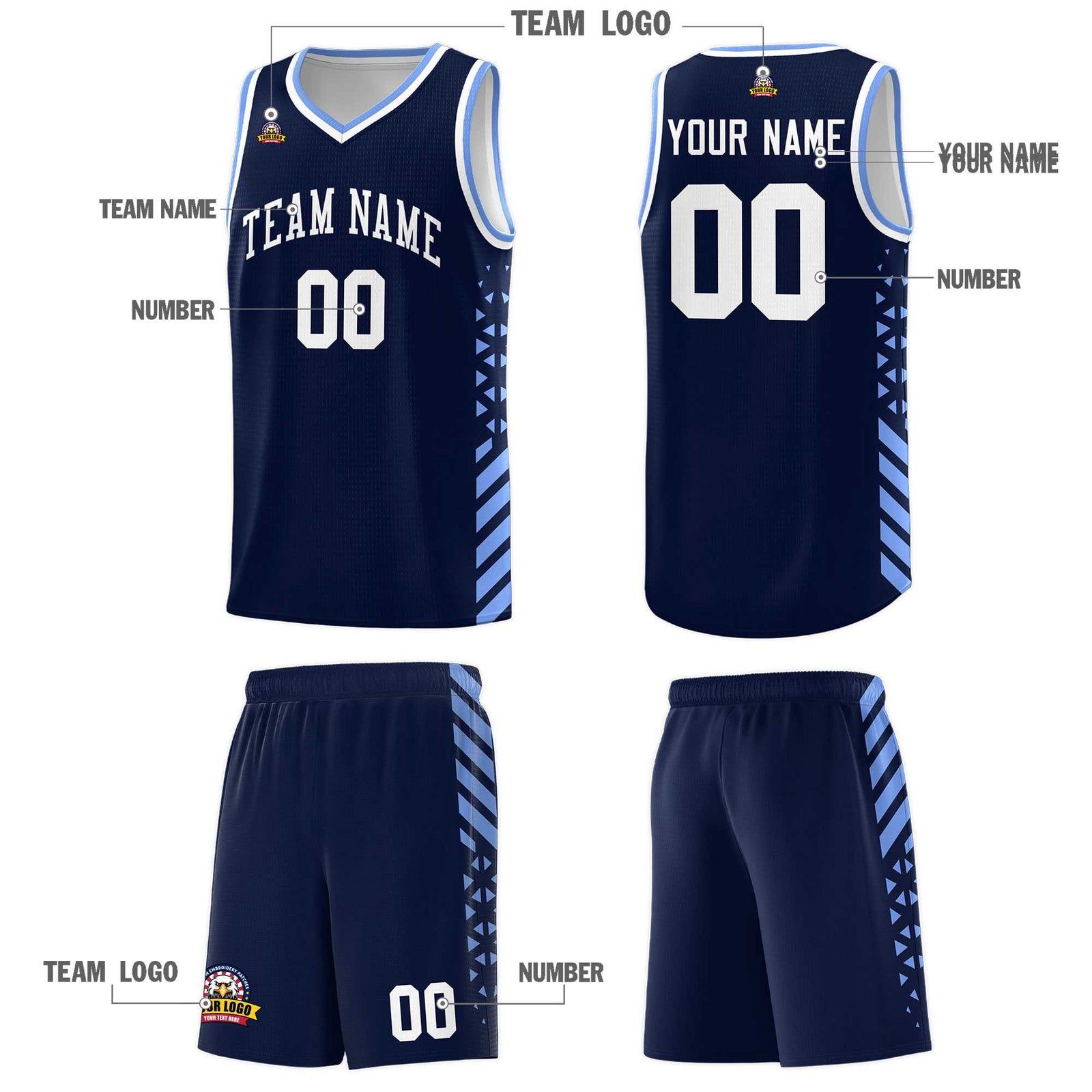 Custom Navy Basketball Kits With Side Light Blue Diamond Stripe Pattern