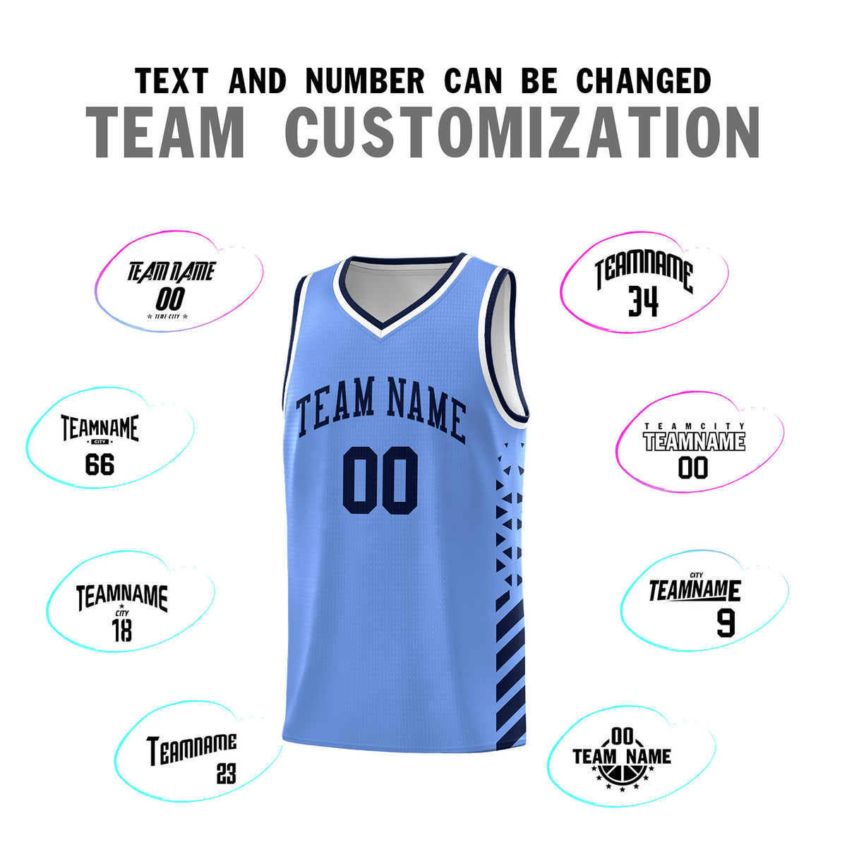 Custom Light Blue Basketball Kits With Side Navy Diamond Stripe Pattern