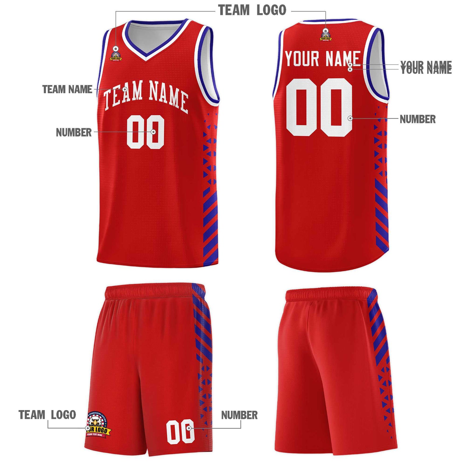 Custom Red Basketball Kits With Side Royal Diamond Stripe Pattern